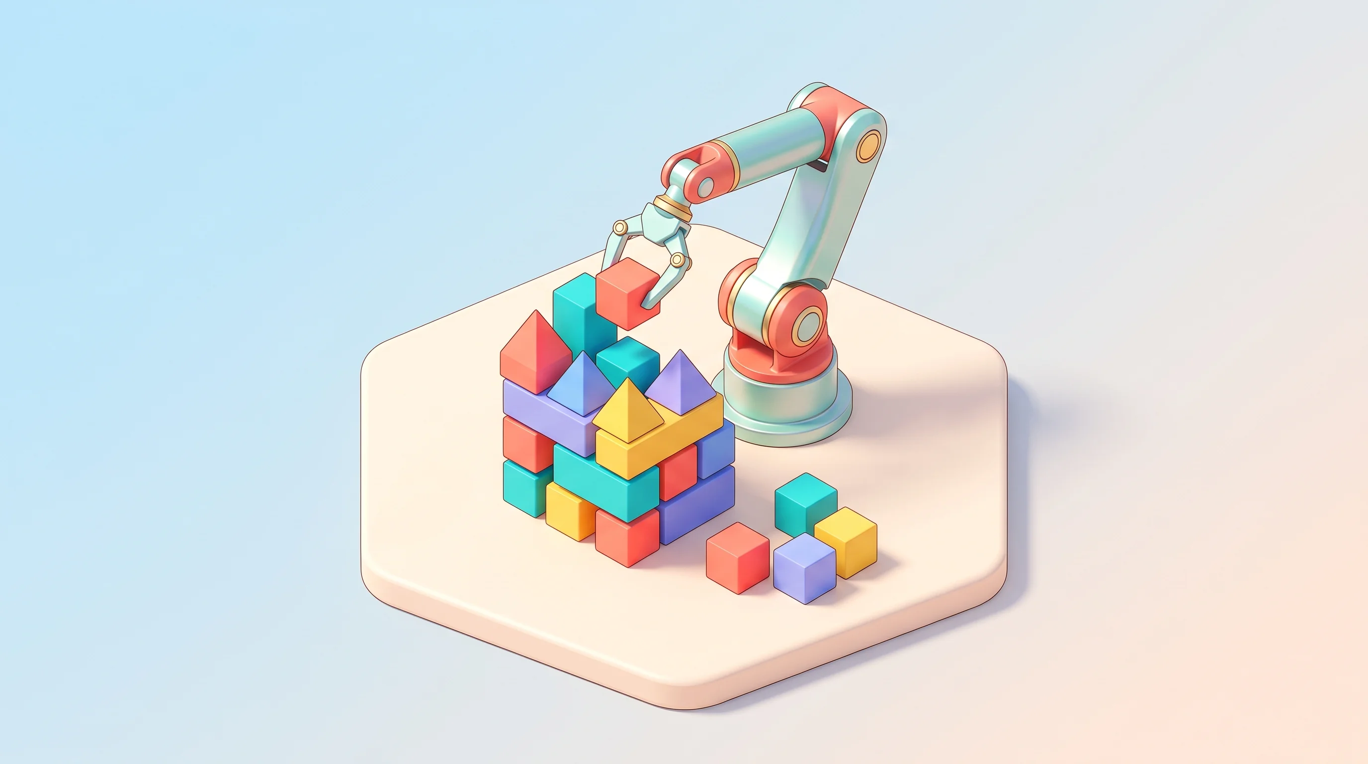 Digital illustration for article section "Content Section 3" in "Midcentury raises $15M for physical AI data infrastructure" - A clean and minimal isometric composition representing training-data engines for embodied AI, featur...