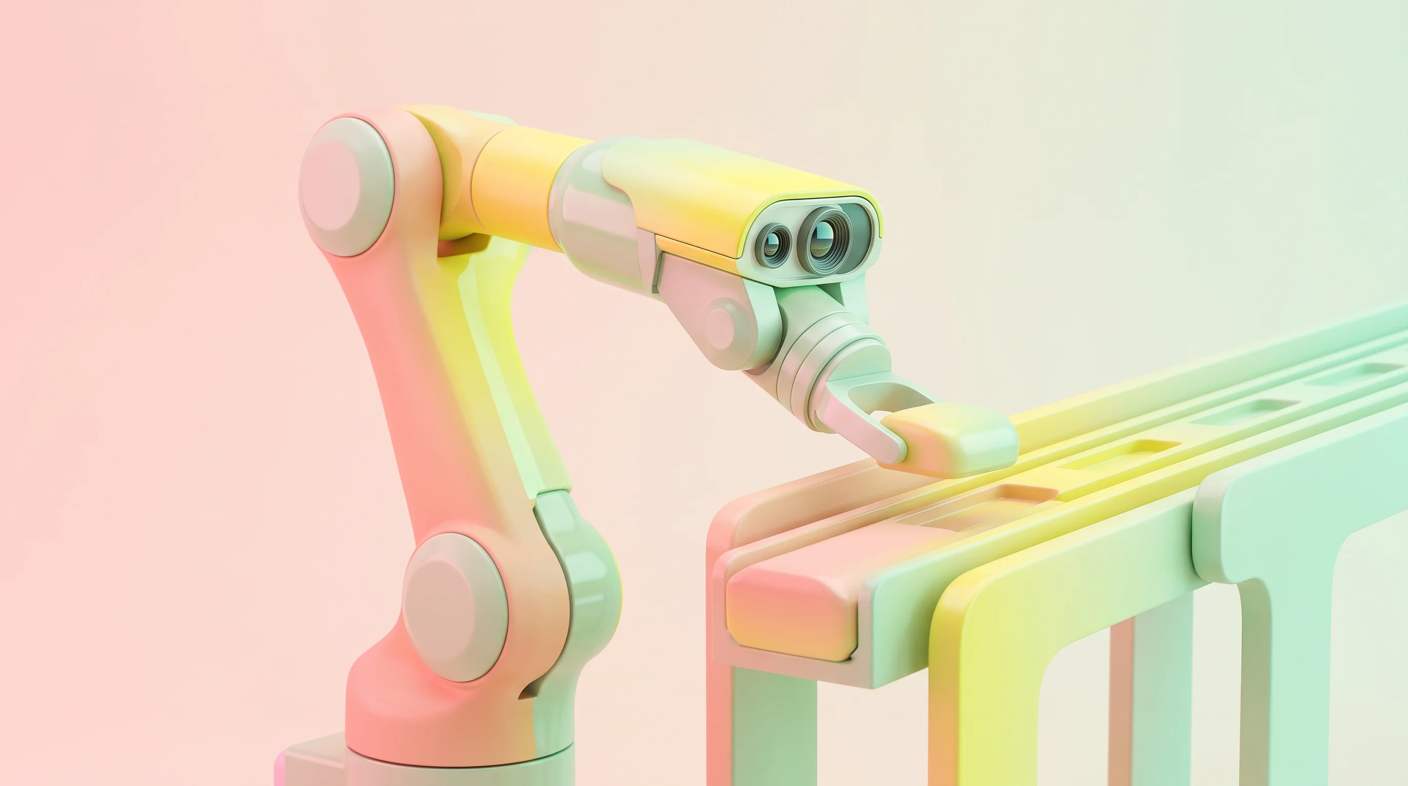 Digital illustration for article section "Content Section 3" in "Libra Robotics launches robot crews for solar farms" - A clean, minimalist 3D rendering of a sleek, modern robotic arm equipped with sophisticated sensor l...