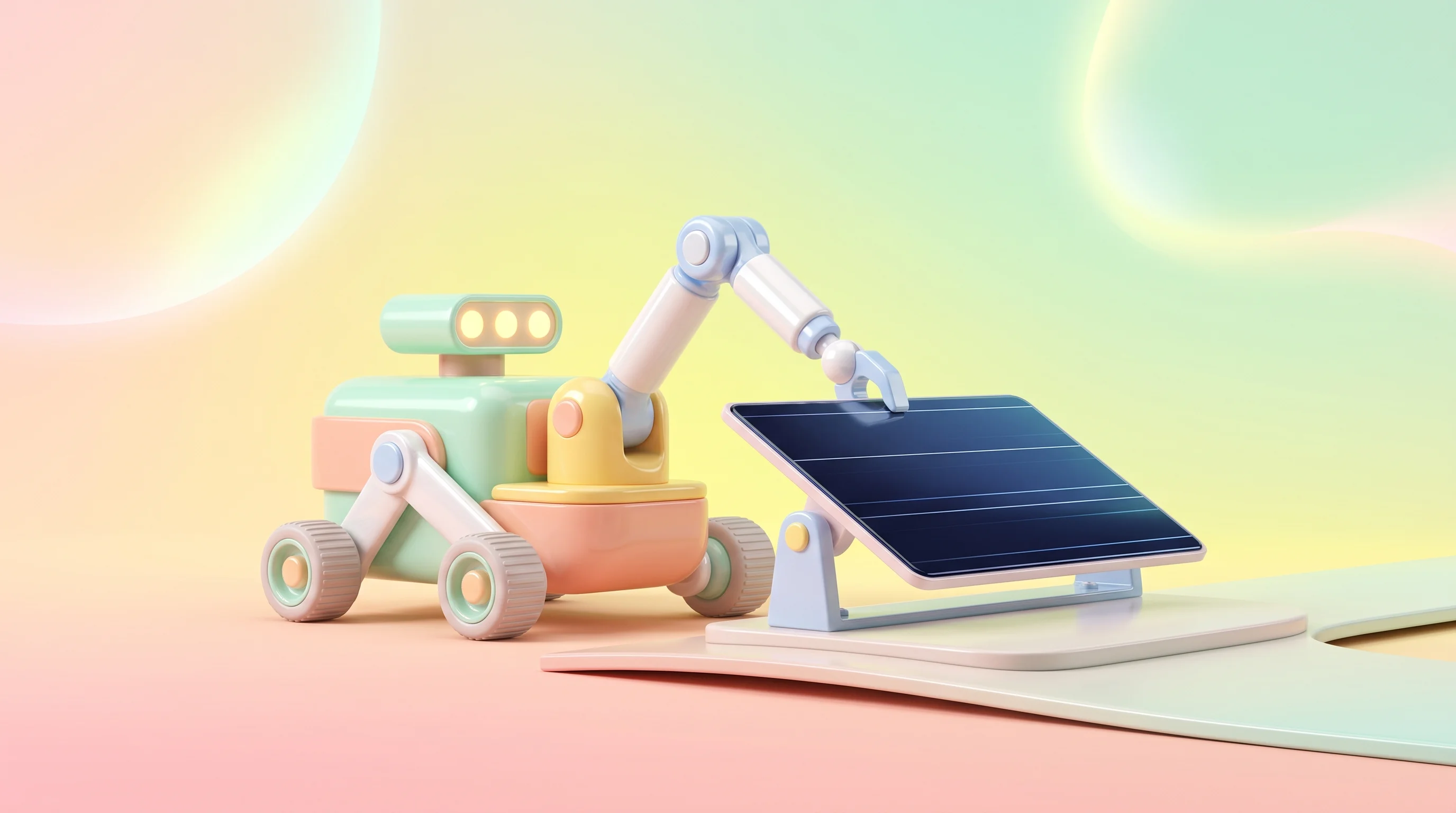 Digital illustration for article section "Content Section 4" in "Libra Robotics launches robot crews for solar farms" - A minimalist, premium 3D C4D render of a sleek, automated robotic rover gently installing a modern s...