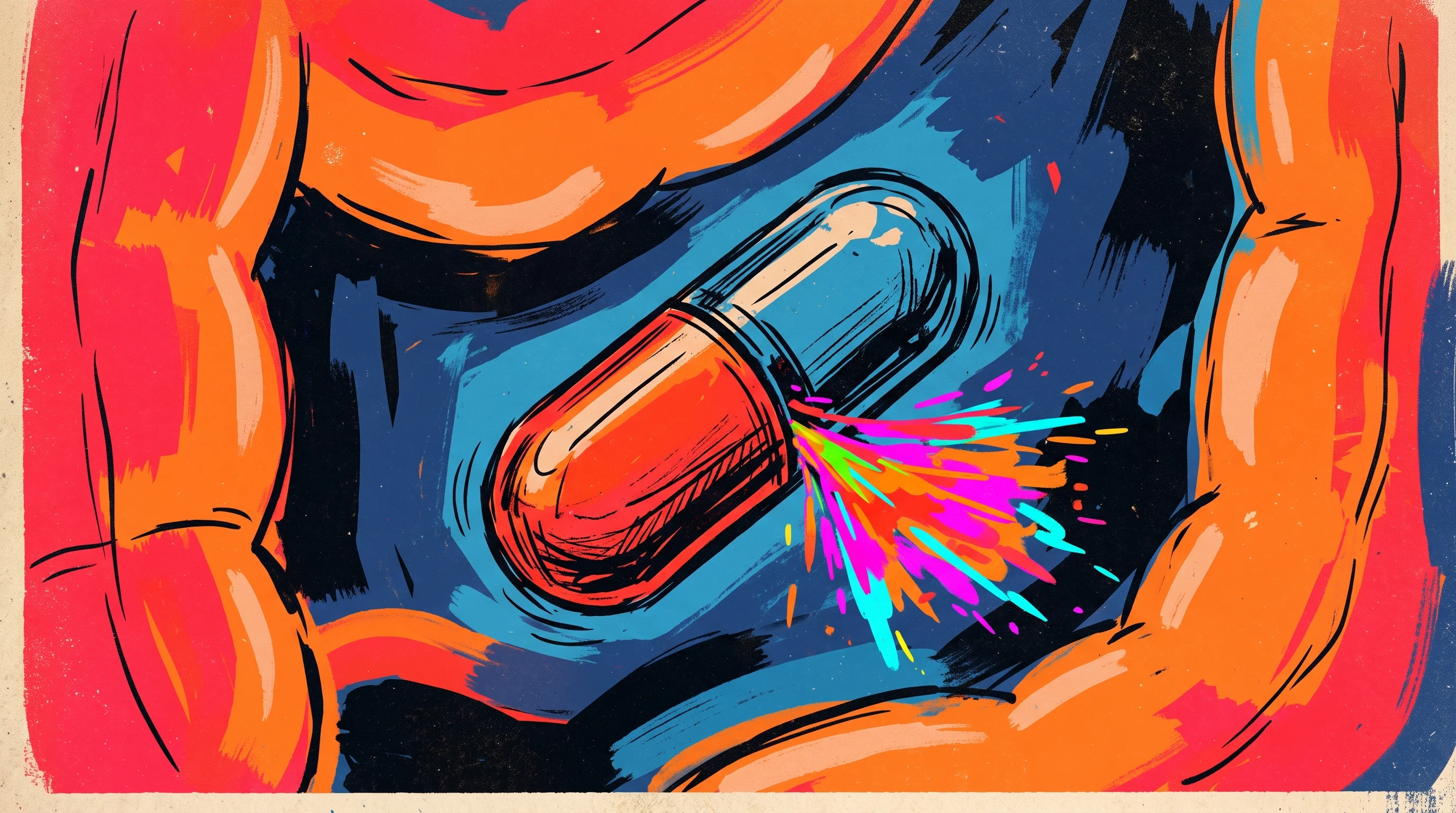 Digital illustration for article section "Device Platforms Enter the Race" in "WonderTx builds AI to replace injectable drugs with pills" - A sleek, conceptual robotic medical capsule serving as an advanced delivery platform, gently navigat...