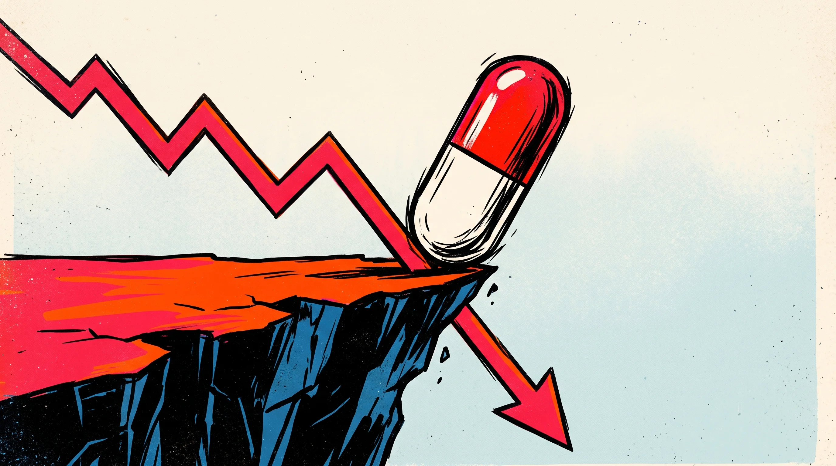 Digital illustration for article section "The Patent Cliff Accelerates" in "WonderTx builds AI to replace injectable drugs with pills" - A clean, minimal, and conceptual illustration of a steep financial line graph plunging downward into...