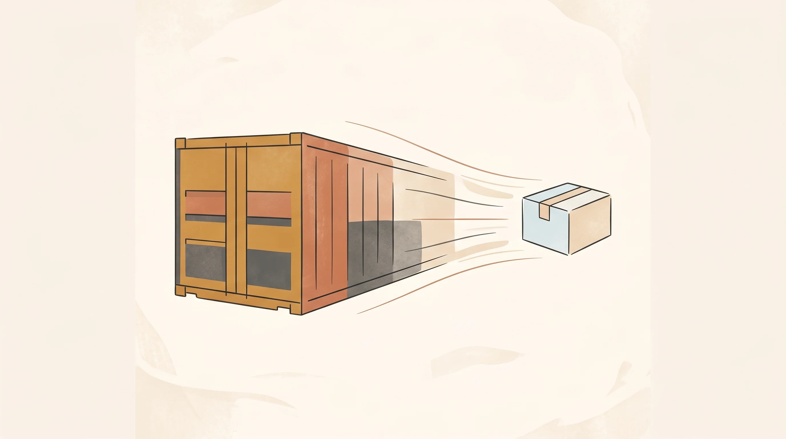 Digital illustration for article section "Content Section 6" in "Floci hits 2.6M pulls as free cloud development tool" - A clean, conceptual hand-drawn illustration depicting a large, solid geometric shipping container gr...