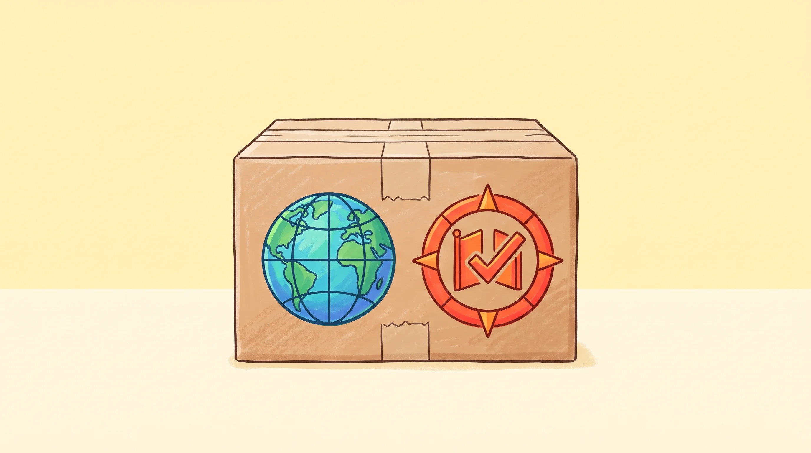 Digital illustration for article section "Content Section 2" in "Zonos acquires Evolve to build customs brokerage in-house" - A clean, minimalist illustration of a single e-commerce shipping box adorned with a vibrant globe sy...