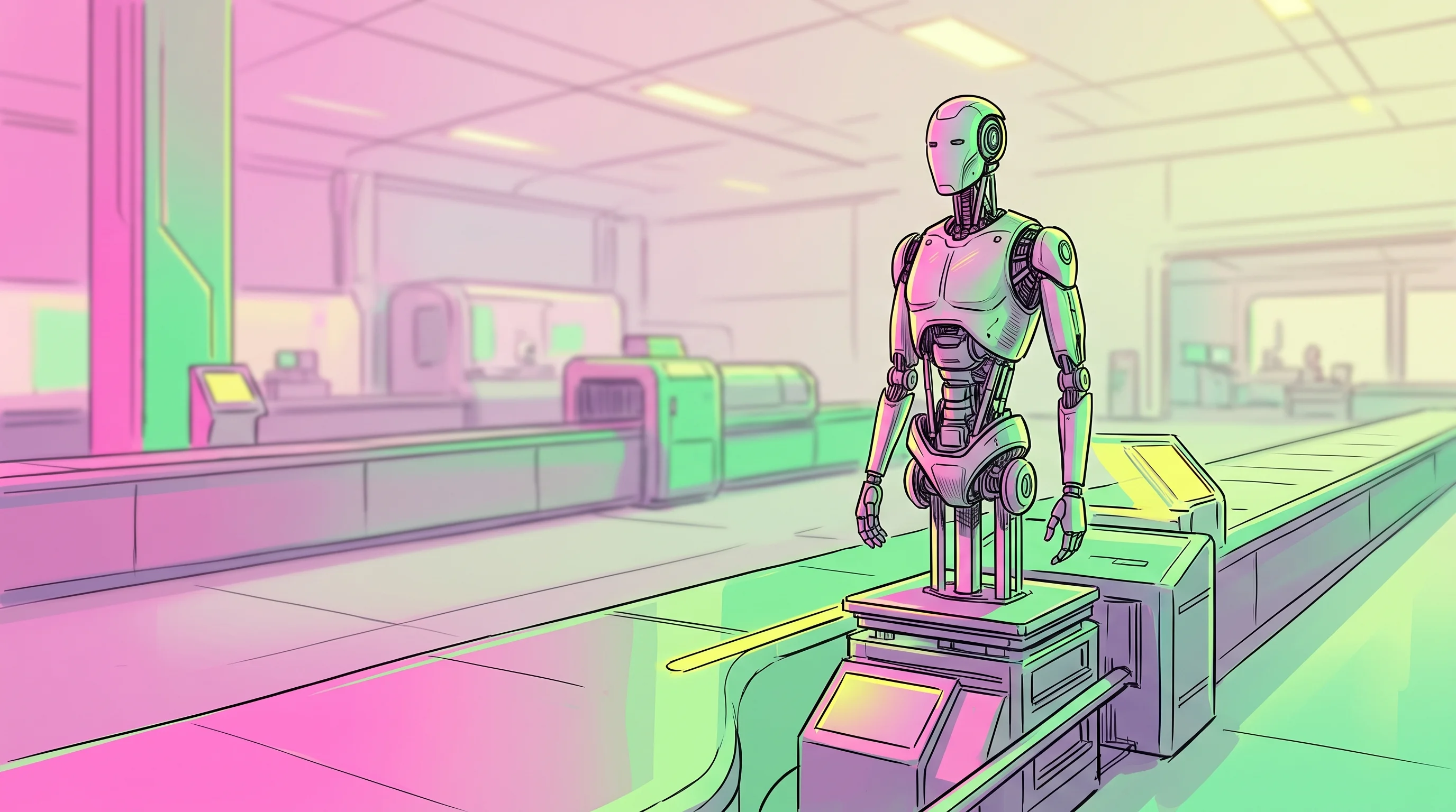 Digital illustration for article section "A Different Manufacturing Model" in "Tensr launches 12,000 sq ft robot factory in Bay Area" - A clean, minimalist view of a sprawling, modern manufacturing facility for humanoid robots, featurin...