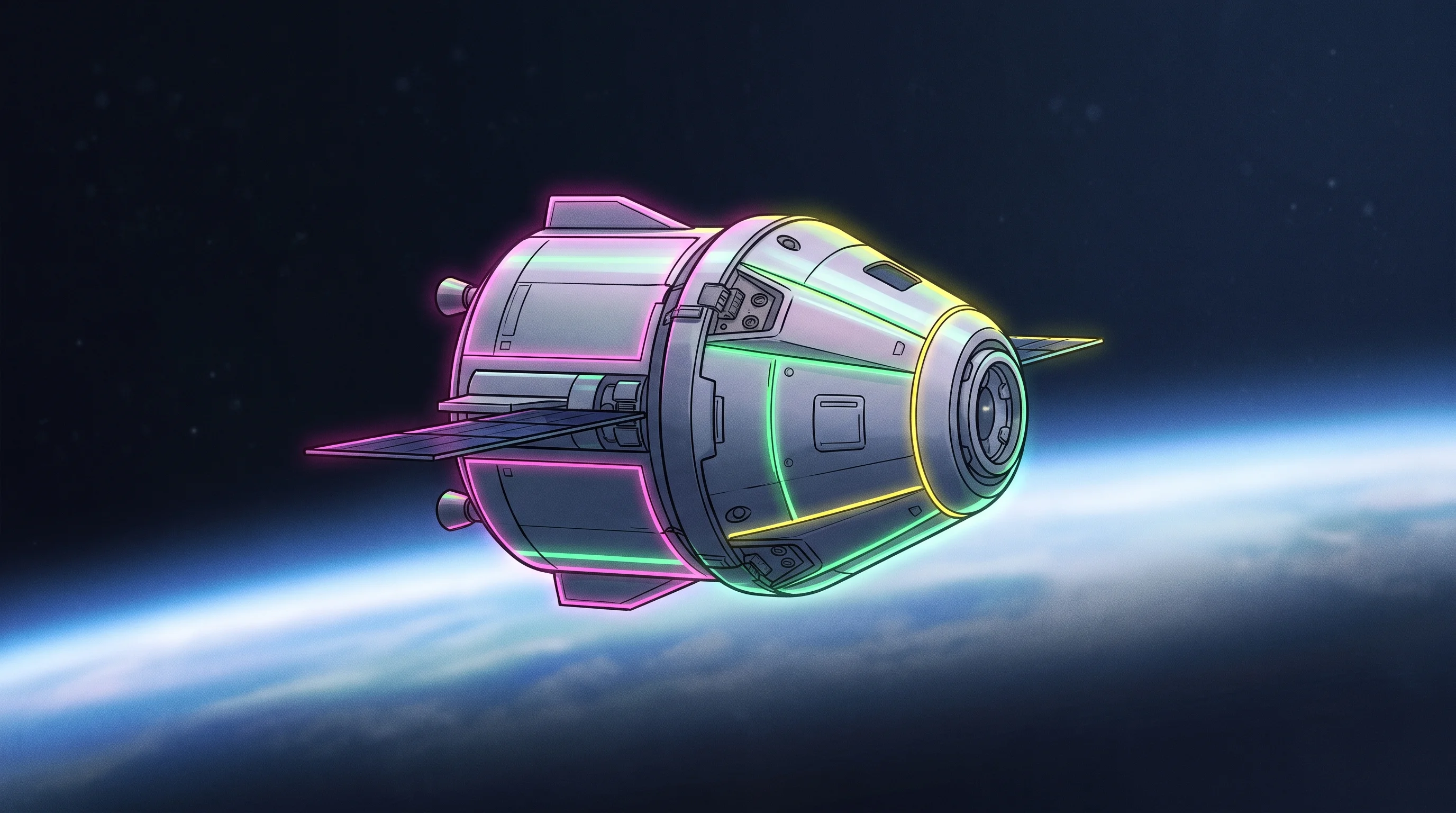 Digital illustration for article section "Space Ambitions" in "Tensr launches 12,000 sq ft robot factory in Bay Area" - A sleek, minimalist orbital manufacturing capsule floating in the serene vacuum of low Earth orbit, ...