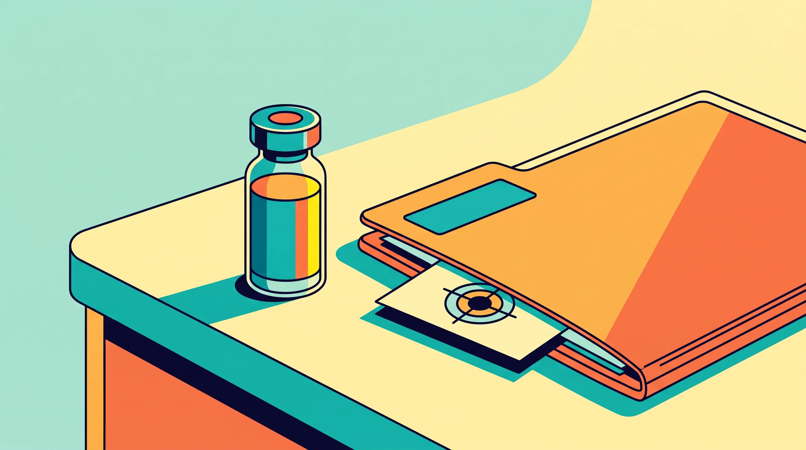 Digital illustration for article section "Performance Claims, Quietly Made" in "Immunordic raises €3.5M to speed drug discovery with AI" - A clean, minimalist conceptual illustration of a single, sleek pharmaceutical vial and a partially c...
