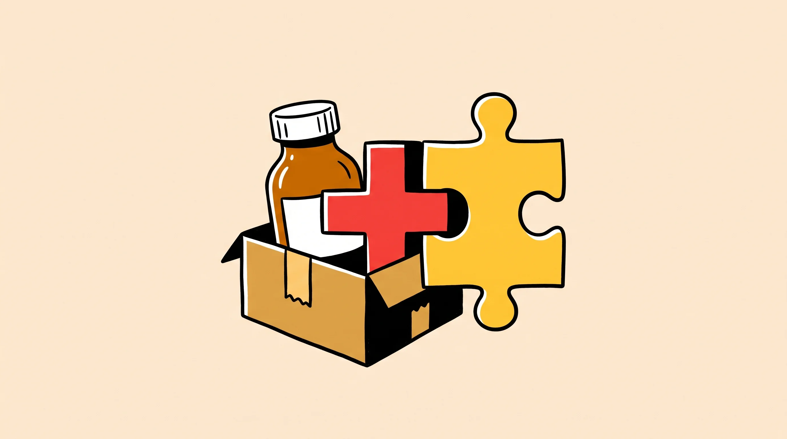 Digital illustration for article section "Content Section 3" in "Rio Health raises $4.5M to scale 20-minute pharmacy network" - A minimalist, conceptual illustration of a simple medicine bottle and a prominent medical cross rest...