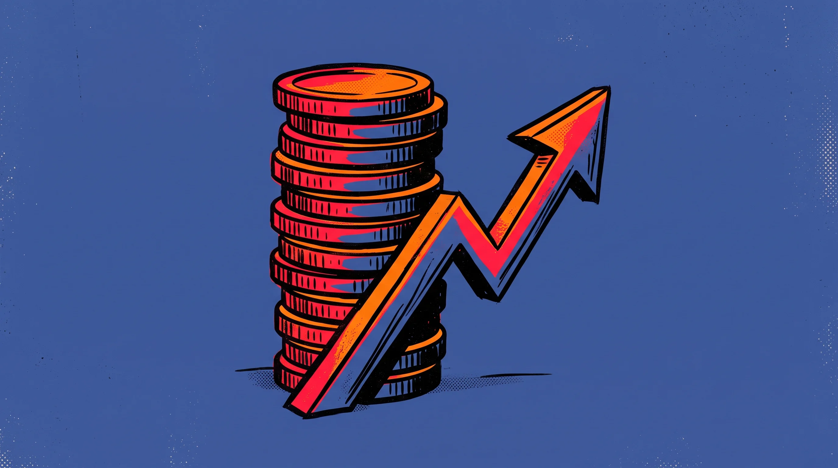 Digital illustration for article section "Content Section 3" in "MAGIC AI raises $11M to scale AI fitness mirrors in US" - A minimalist, conceptual illustration of a towering stack of stylized coins alongside a dynamic, upw...