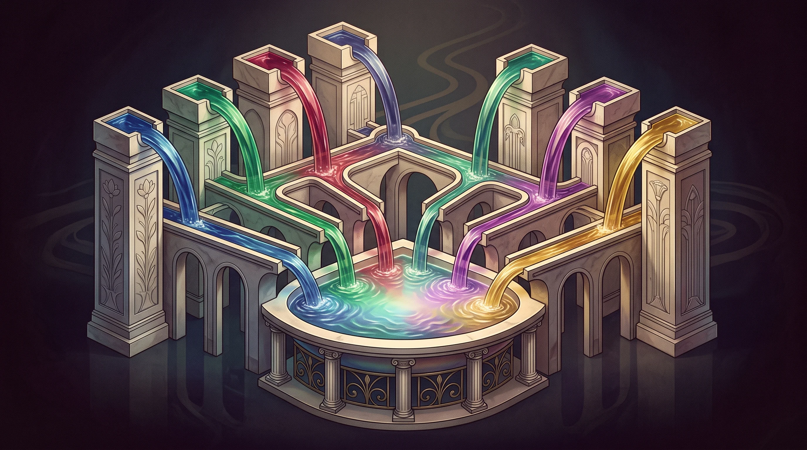 Digital illustration for article section "Content Section 2" in "Syllotips raises €4.2M to teach enterprise AI from experts" - A conceptual and elegant visual representation of extensive technical plumbing and seamless system i...