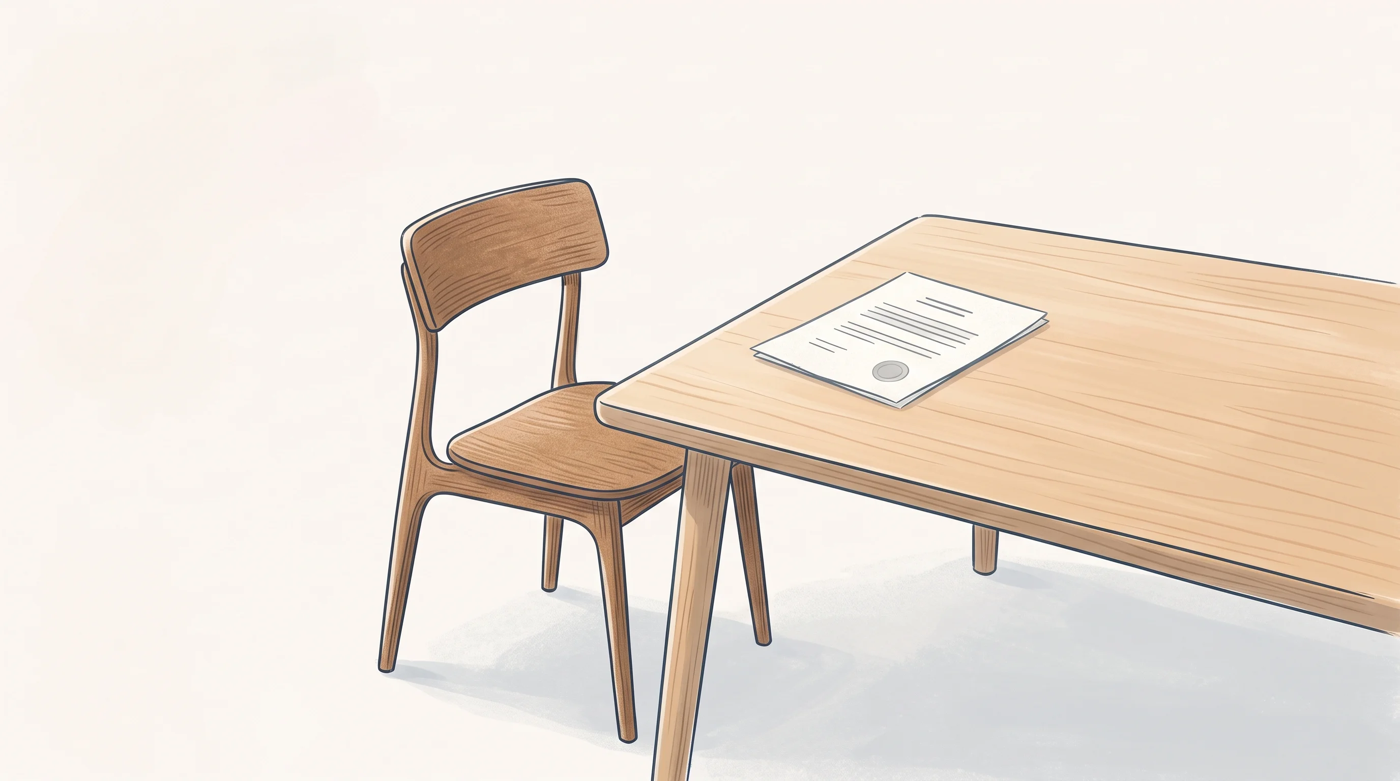 Digital illustration for article section "Content Section 3" in "Ambitious Bio raises $6M to map human protein landscape" - A conceptual, minimalist hand-drawn illustration of an elegant, empty wooden chair pulled up to a cl...