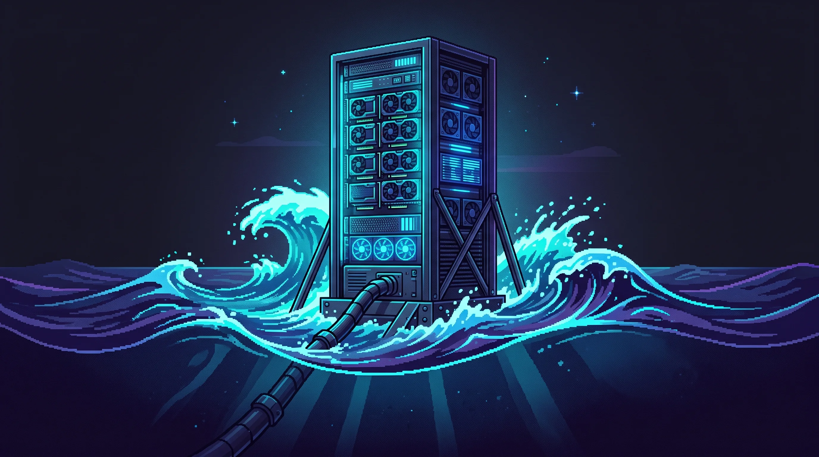 Digital illustration for article section "Content Section 7" in "Atomarine builds nuclear-powered floating AI data centers" - A minimal and conceptual illustration of a sleek, high-density GPU server rack standing resiliently ...