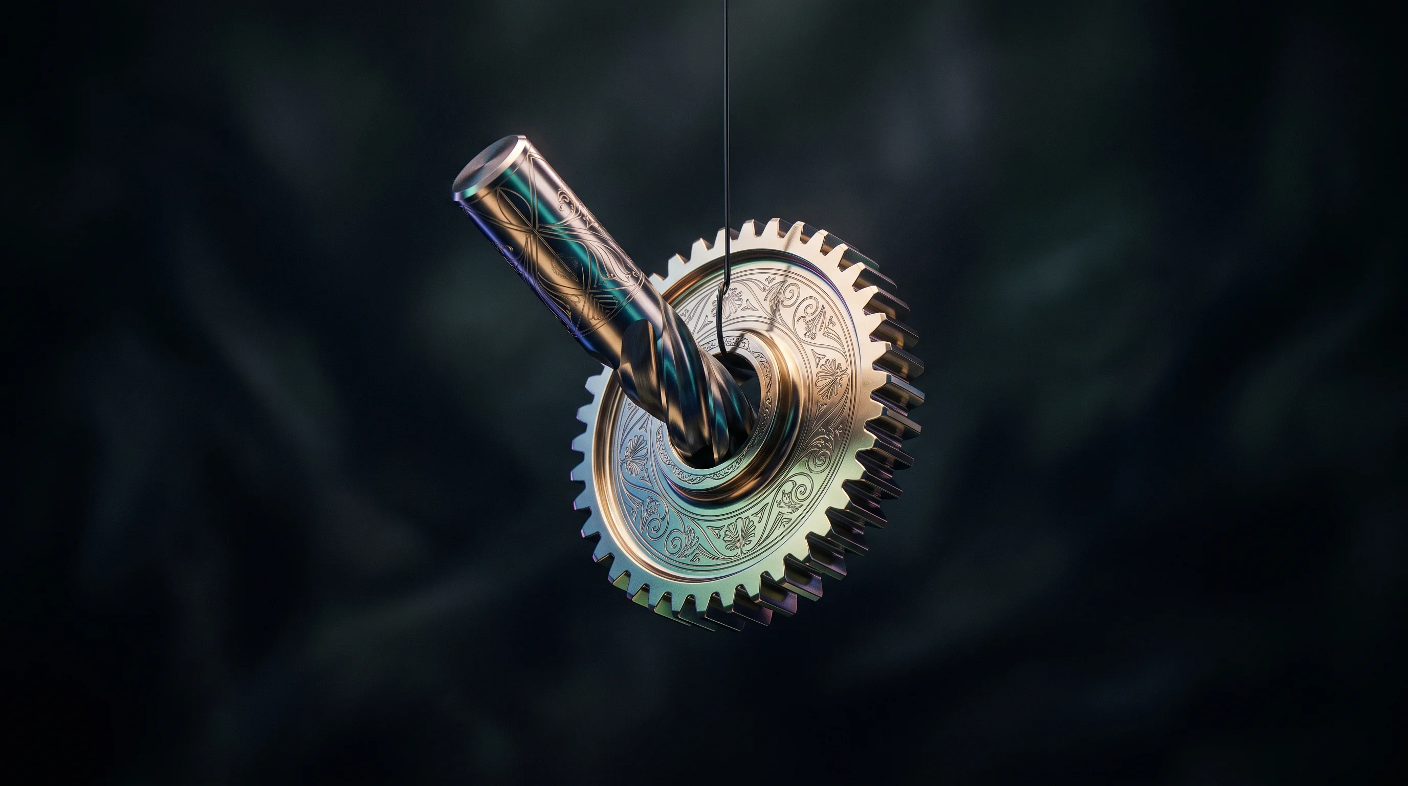 Digital illustration for article section "Content Section 3" in "IPercept raises $16.5M to bring AI monitoring to CNC machines" - A pristine, highly polished CNC milling tool and interlocking precision gear suspended gracefully in...