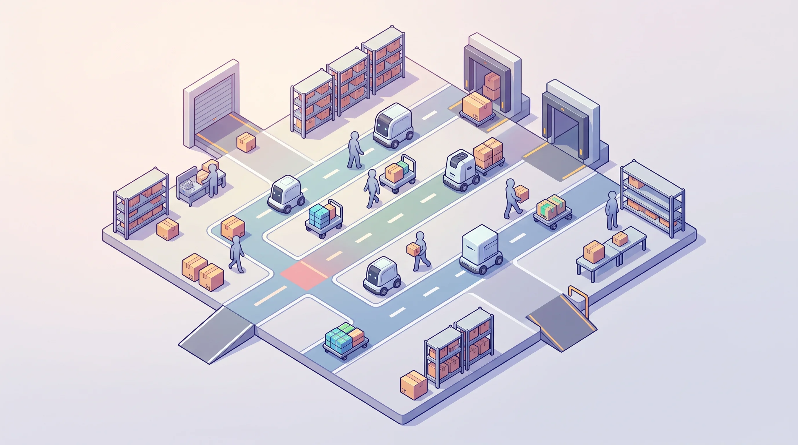 Digital illustration for article section "Content Section 2" in "Destro AI raises $8M to coordinate warehouse robot fleets" - A clean, minimalist top-down isometric view of a modern warehouse workflow, conceptualizing a vendor...