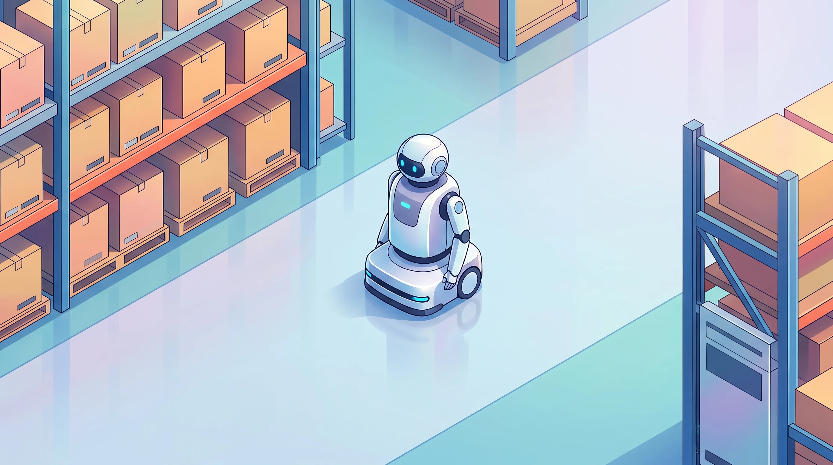 Digital illustration for article section "Content Section 3" in "Destro AI raises $8M to coordinate warehouse robot fleets" - A clean, modern, and minimal top-down isometric view of a sleek automated warehouse environment, foc...