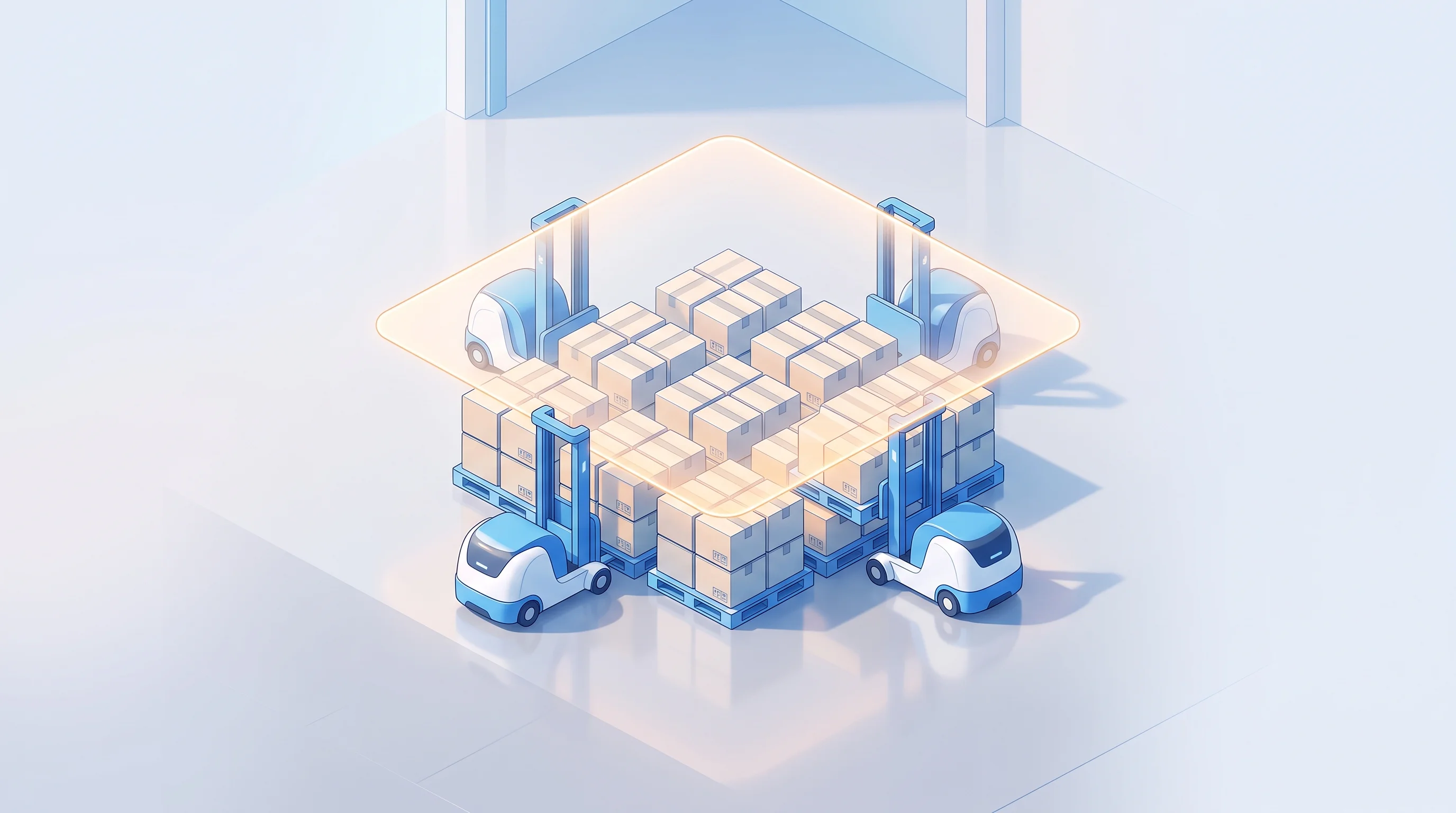 Digital illustration for article section "Content Section 4" in "Destro AI raises $8M to coordinate warehouse robot fleets" - A clean and minimalist isometric view of a modern warehouse interior representing logistics orchestr...