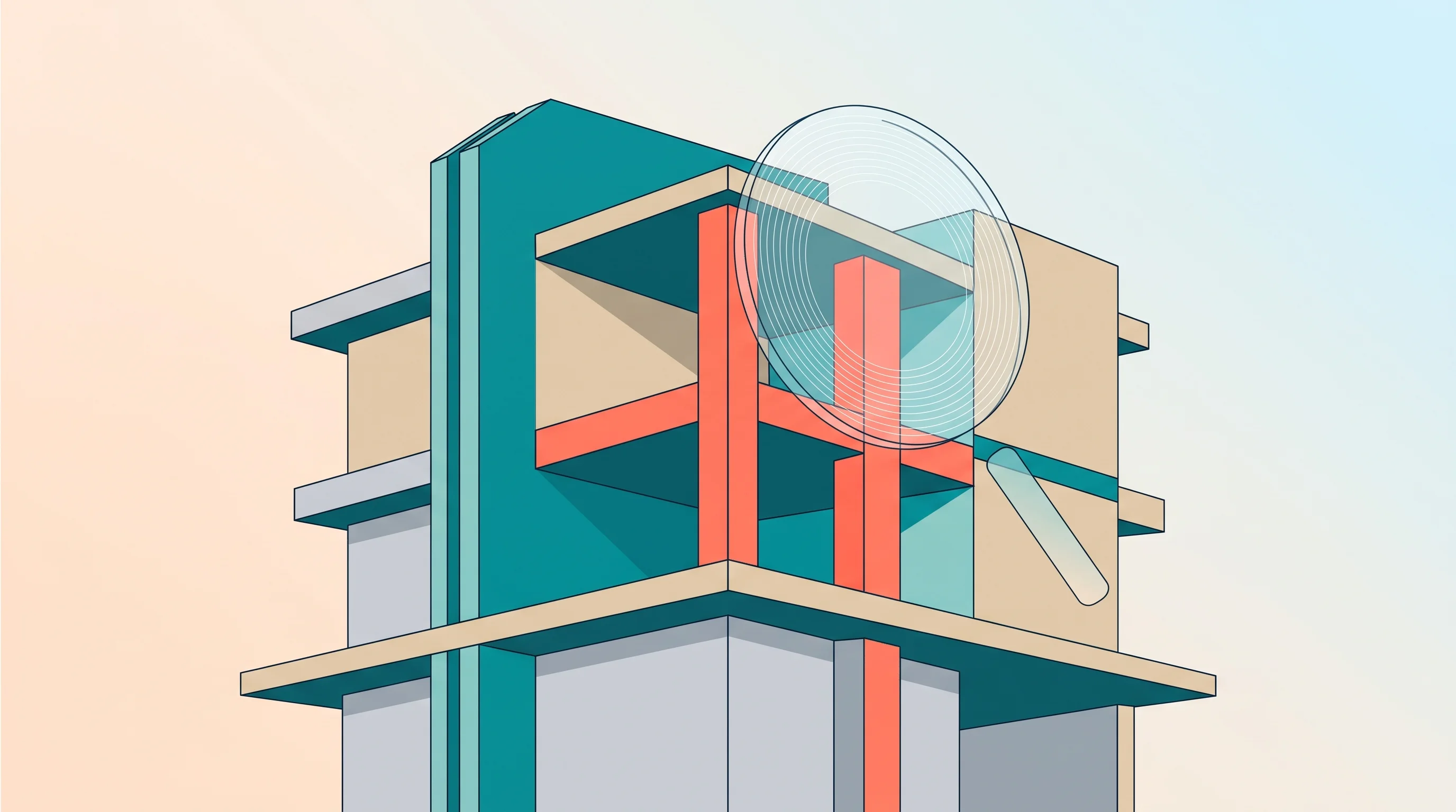 Digital illustration for article section "Chasing the AI Efficiency Play" in "Trendspek raises $6M to expand infrastructure software globally" - A modern, minimalist flat illustration of a clean, geometric architectural building model being anal...