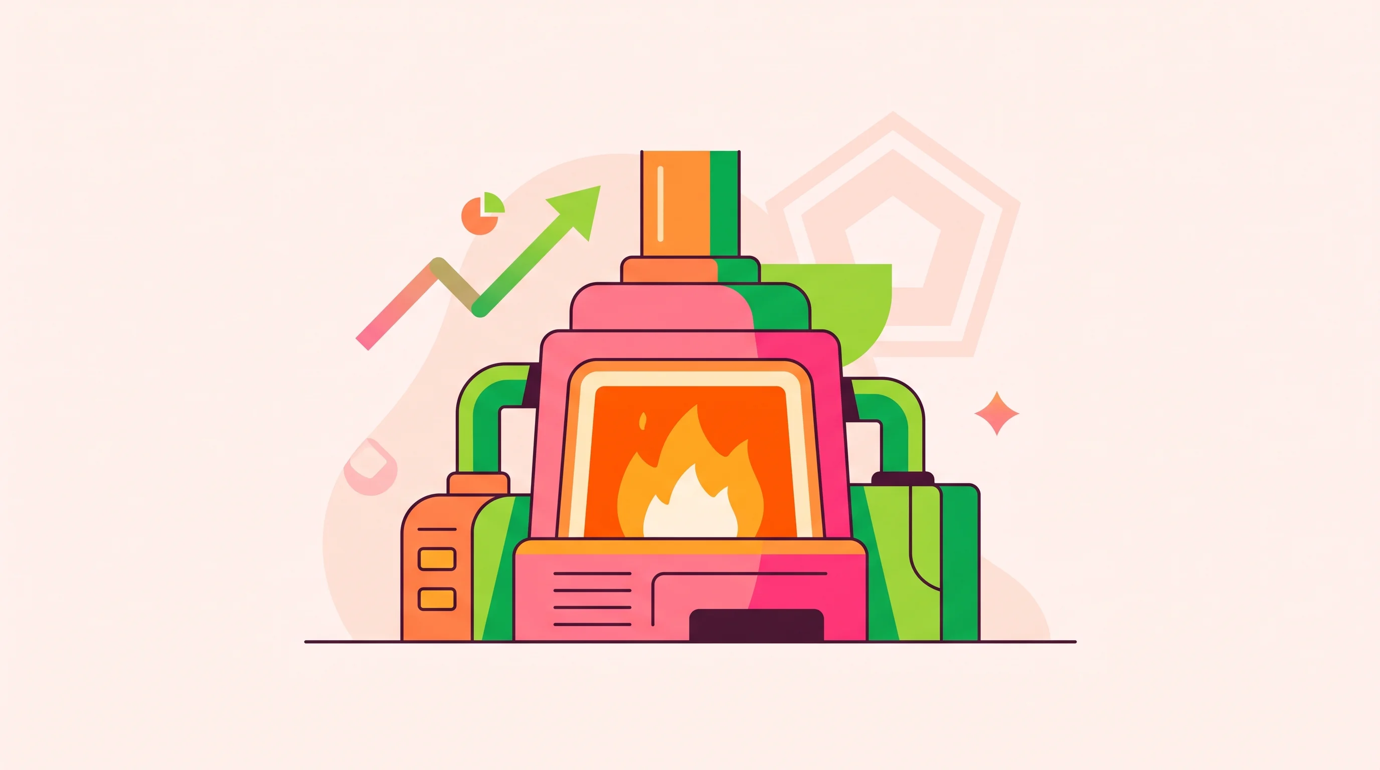Digital illustration for article section "Content Section 5" in "Hertha Metals raises $134M to produce rare-earth magnet iron" - A vibrant geometric illustration of a stylized, modern industrial furnace symbolizing scalable techn...