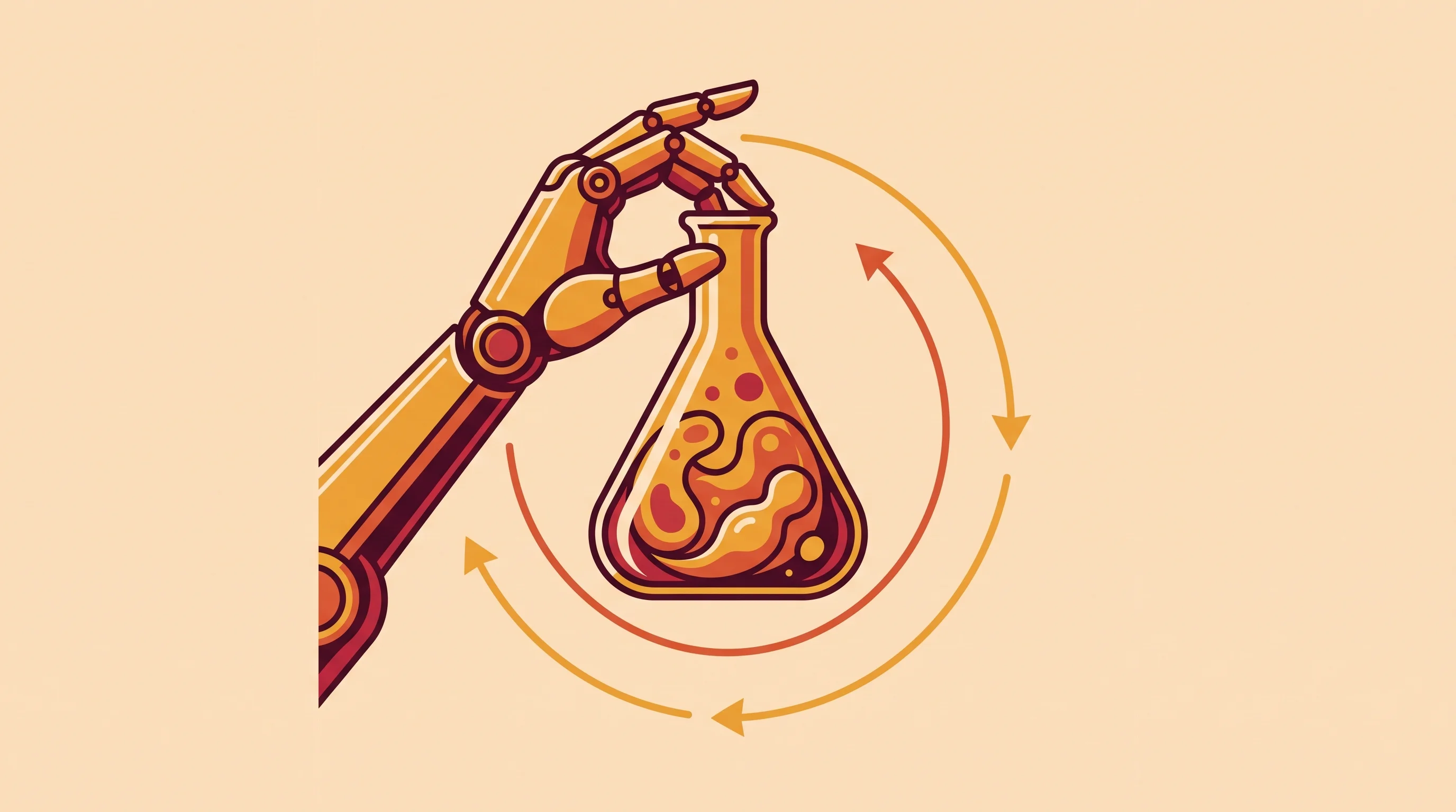 Digital illustration for article section "Precedent and Evolution" in "SuperRadiant builds robotic experimentalists for science" - A conceptual, minimalist illustration of an elegant robotic arm delicately holding a sleek glass lab...