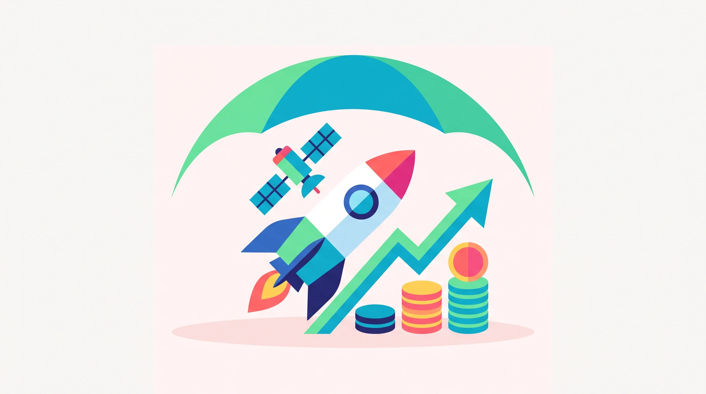 Digital illustration for article section "Content Section 2" in "Charter Space raises $5M to insure the space economy" - A minimalist and abstract conceptual flat illustration representing the expansion of capital, sales,...
