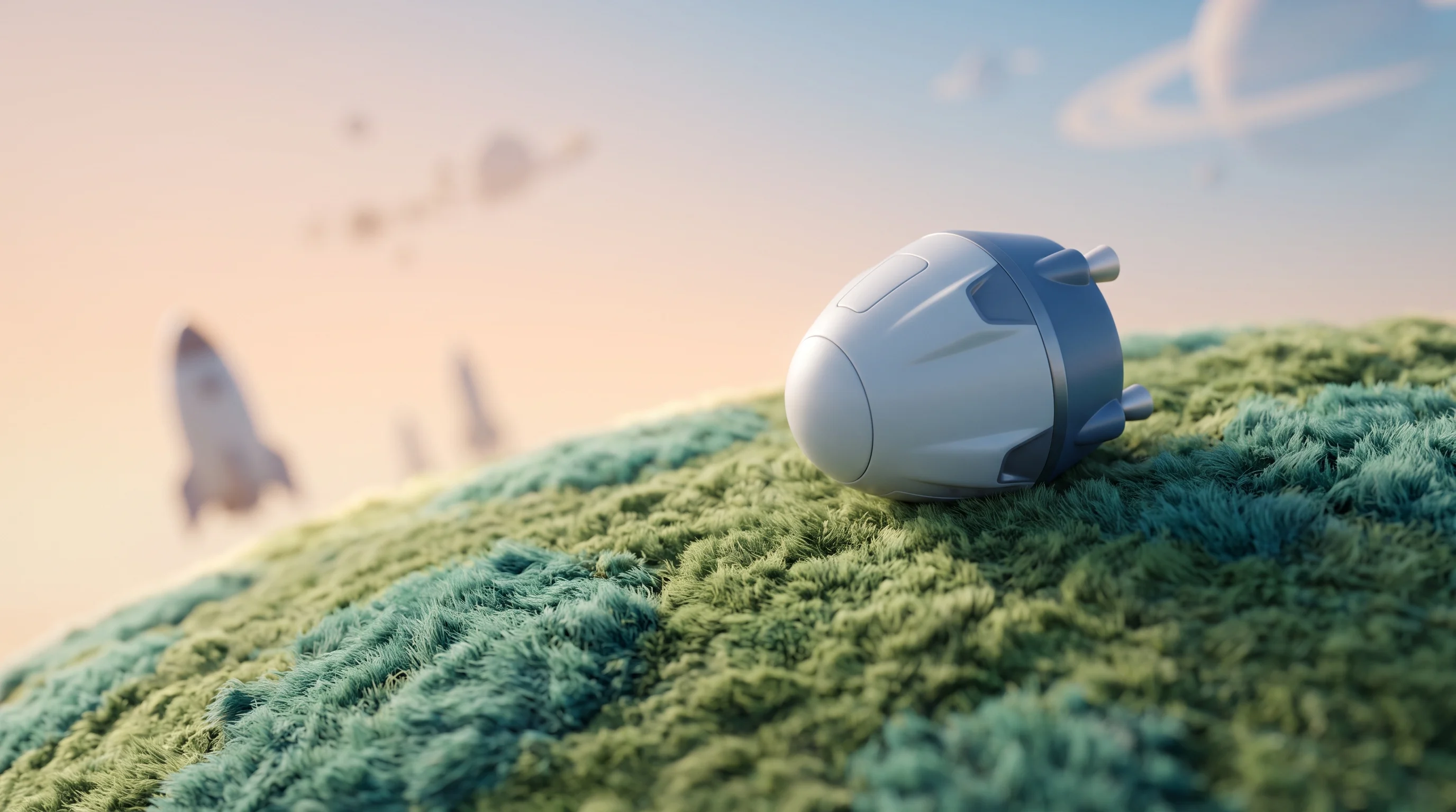 Digital illustration for article section "A Crowded Field, Different Approach" in "Hop Aero raises $11M to build hypersonic cargo rockets" - A minimalist, macro-photography style conceptual image representing a crowded field of point-to-poin...