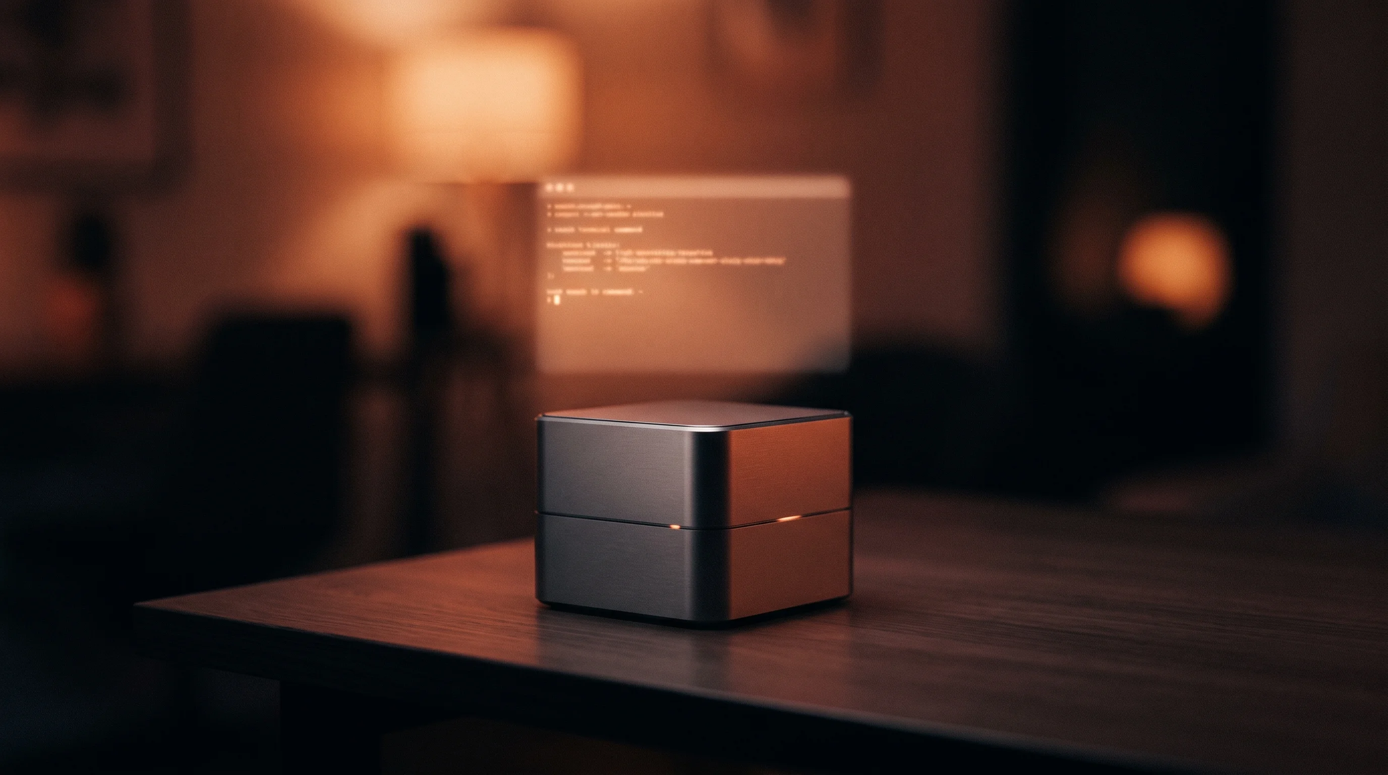 Digital illustration for article section "Content Section 3" in "UFO.ai launches Agent OS from Copilot, Perplexity creators" - A sleek, minimalist metallic server cube resting on a clean, uncluttered workspace, symbolizing a se...