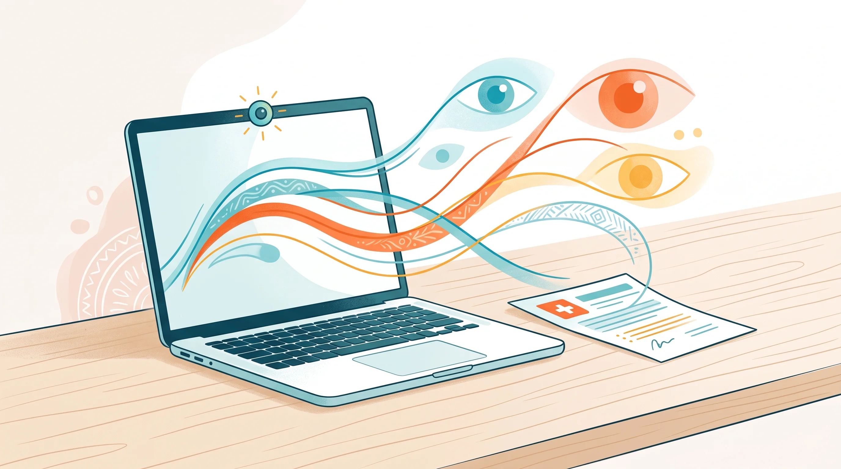 Digital illustration for article section "Distribution Over Technology" in "Aignosis raises ₹4 crore to scale AI autism screening" - A sleek, minimalist laptop rests open on a clean, uncluttered surface, its webcam subtly highlighted...
