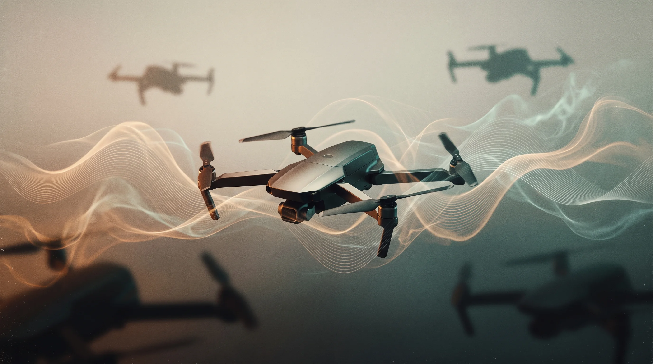 Digital illustration for article section "Content Section 2" in "Degla launches voice-controlled multi-drone mission platform" - A sleek, modern drone hovering elegantly in the center of a clean, minimalist composition, interacti...