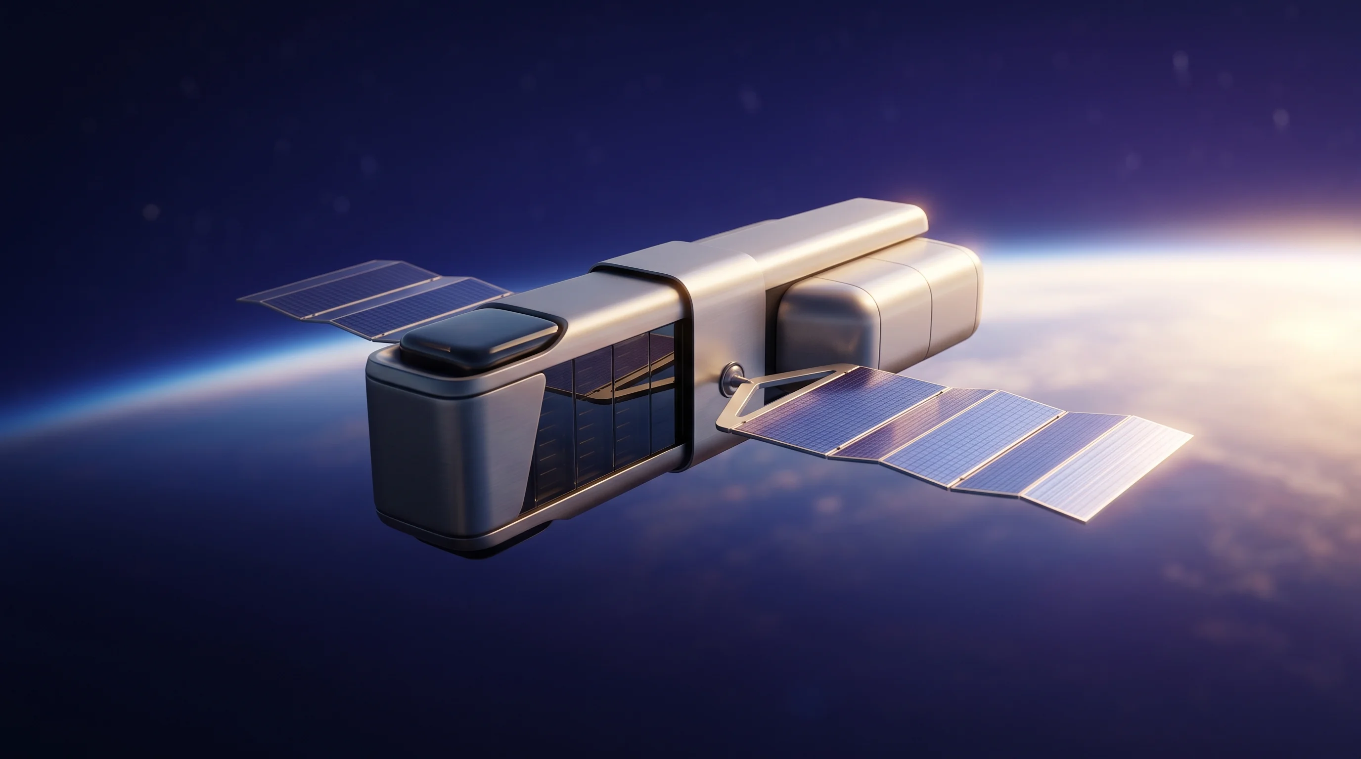Digital illustration for article section "Content Section 5" in "Satlyt raises $8M to run AI models on satellites" - A sleek, modern conceptual orbital data center floating gracefully in low Earth orbit, representing ...