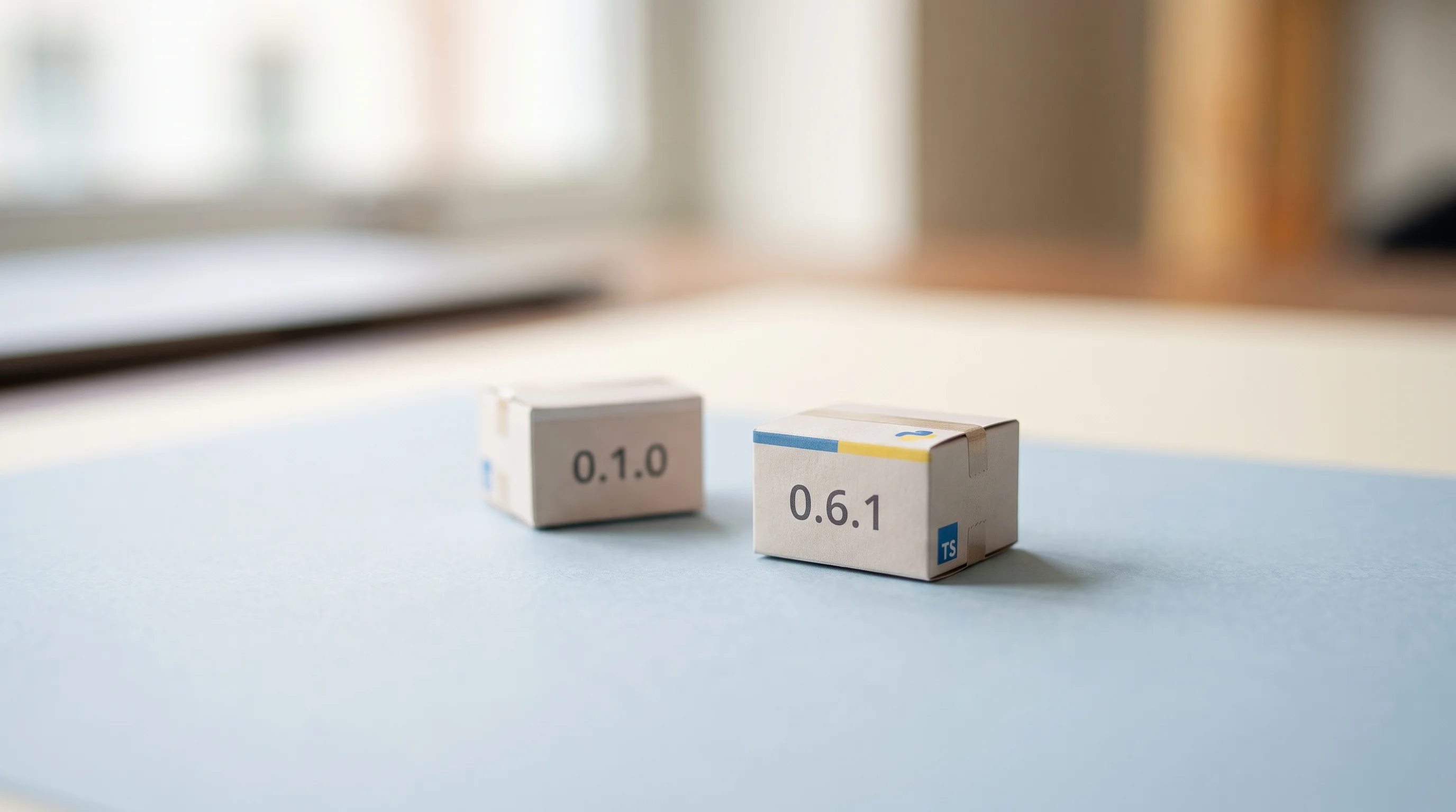 Digital illustration for article section "Content Section 2" in "Hue launches testing platform for AI agents in production" - A hyper-realistic miniature macro photography shot of two small, pristine, modern delivery boxes res...