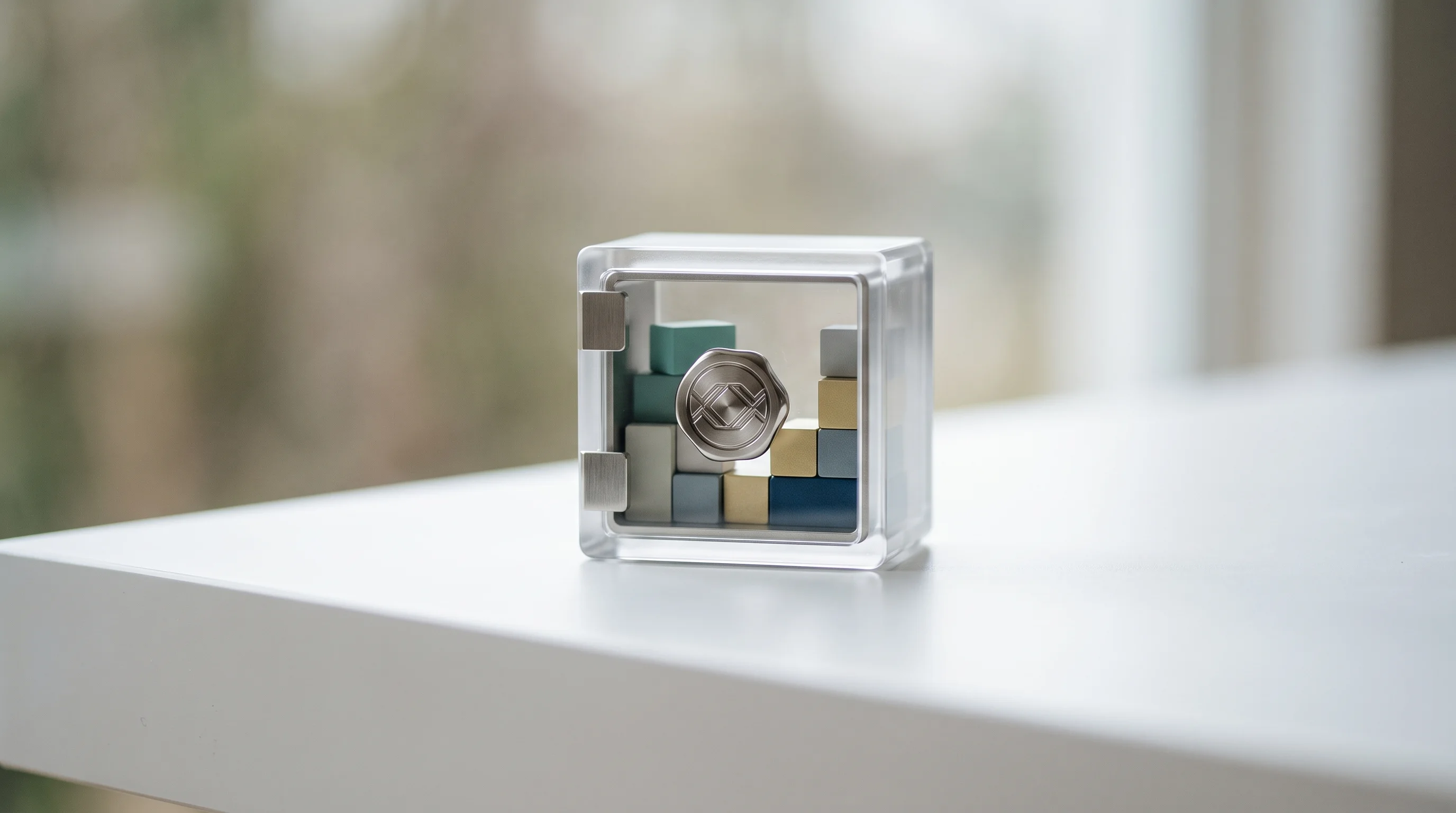 Digital illustration for article section "Content Section 3" in "Hue launches testing platform for AI agents in production" - A macro tilt-shift photograph of a miniature, sleek, modern translucent vault resting on a clean, mi...