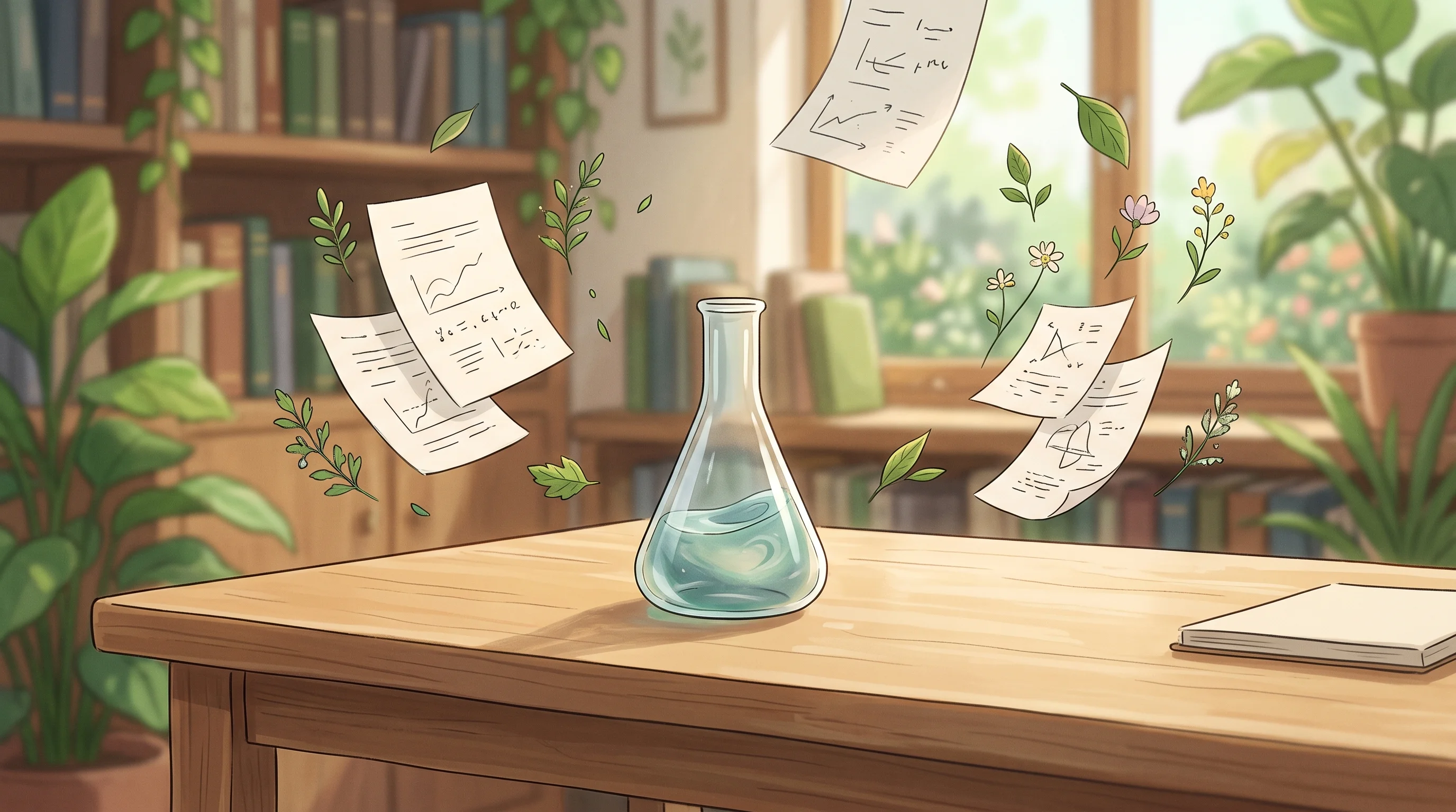 Digital illustration for article section "A Rapidly Consolidating Field" in "Halmos Labs automates biotech R&D with AI-driven design" - A serene, minimalist illustration of a single, elegant glass scientific flask resting on a clean woo...