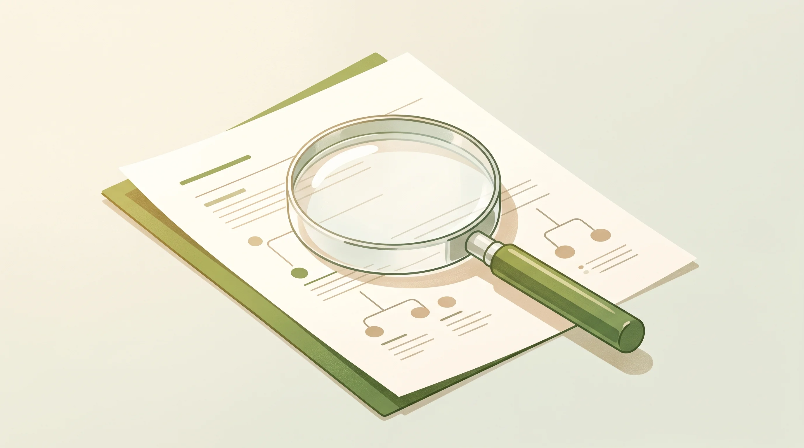 Digital illustration for article section "The Execution Test" in "Halmos Labs automates biotech R&D with AI-driven design" - A poetic, minimalist illustration of a pristine, transparent magnifying glass resting on a clean, el...