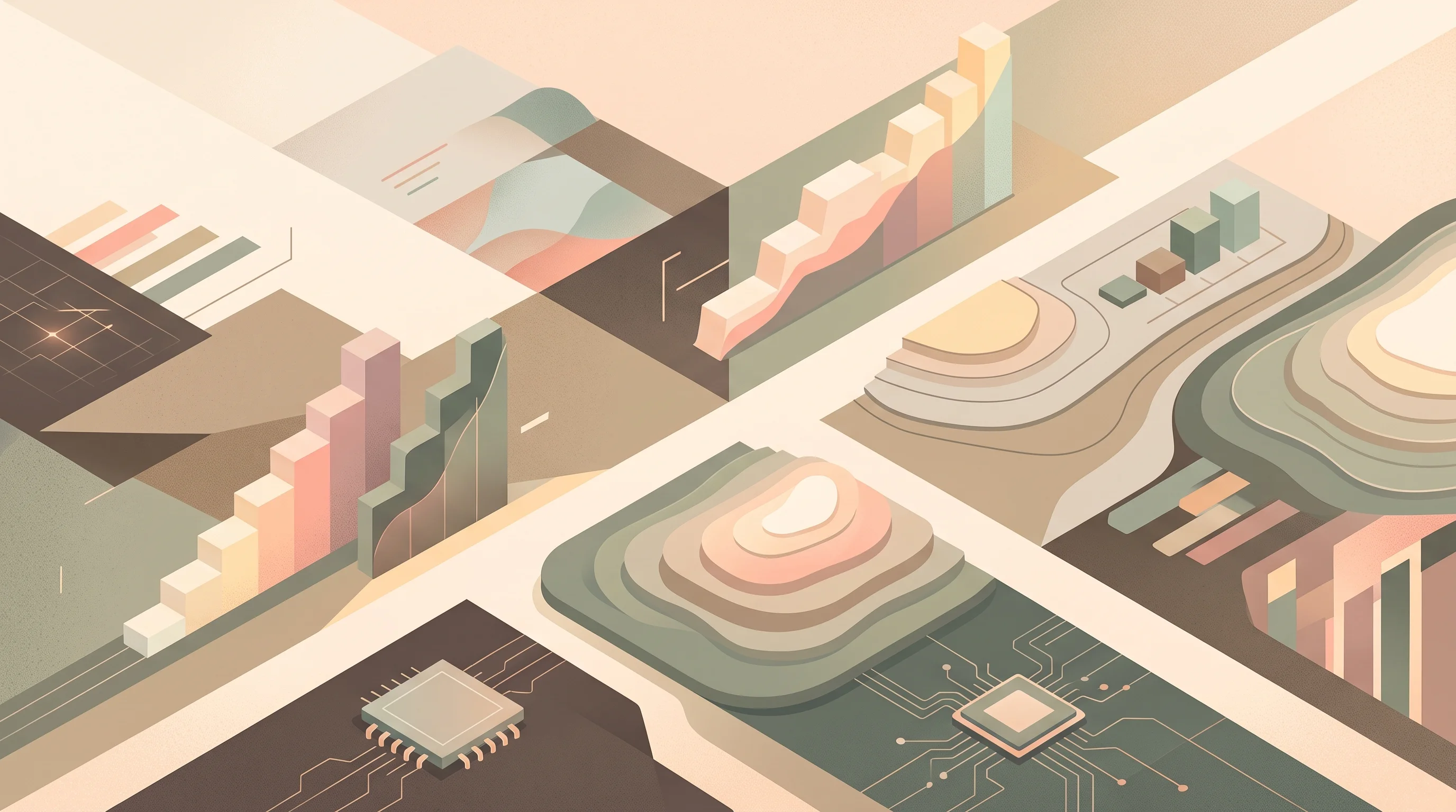 Digital illustration for article section "A Crowded Field, With Distinct Angles" in "Pivot57 launches Africa's first institutional intelligence platform" - A conceptual, minimalist illustration of a stylized landscape representing a competitive market fiel...