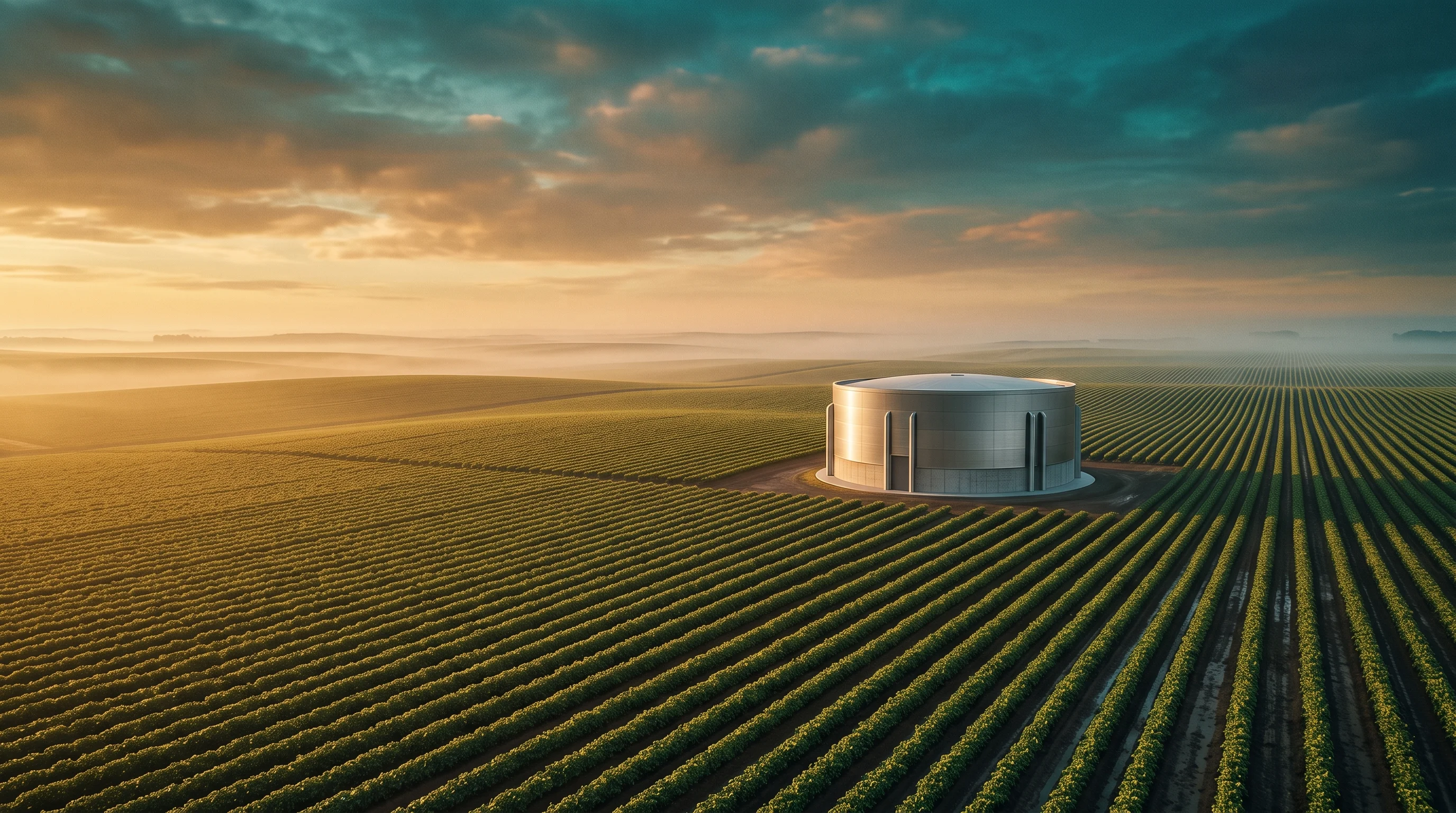 Digital illustration for article section "The Economics of Scale" in "Zymofix raises $6.8M to industrialize biomass fermentation" - A vast, minimalist agricultural landscape representing a massive scale of farmland, featuring a sing...