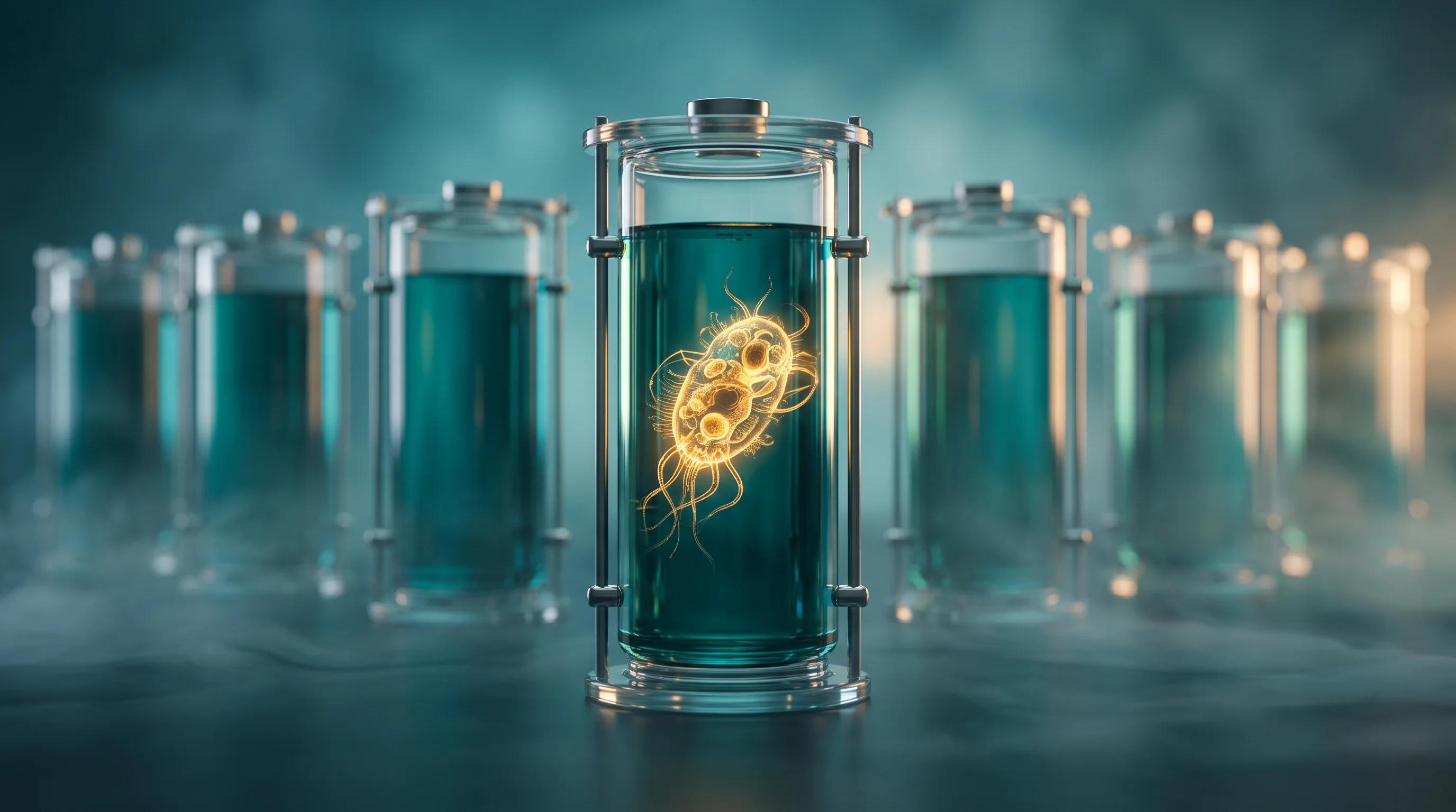 Digital illustration for article section "The Manufacturing Problem" in "Zymofix raises $6.8M to industrialize biomass fermentation" - A pristine, abstract representation of a single, highly detailed biological microorganism suspended ...