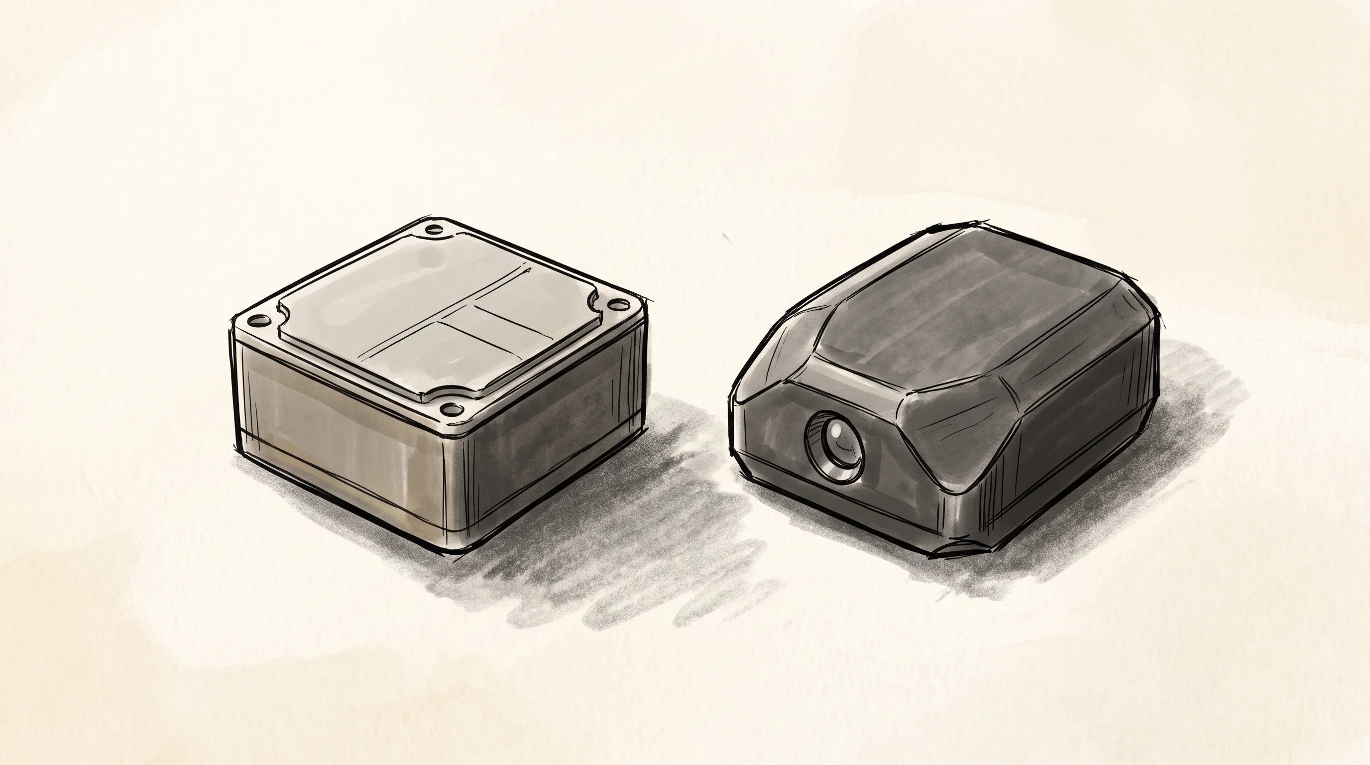 Digital illustration for article section "Content Section 2" in "OSCP raises $6M for GPS-free navigation sensors" - A clean, minimalist hand-drawn illustration of two compact, modern sensor units representing IMU har...