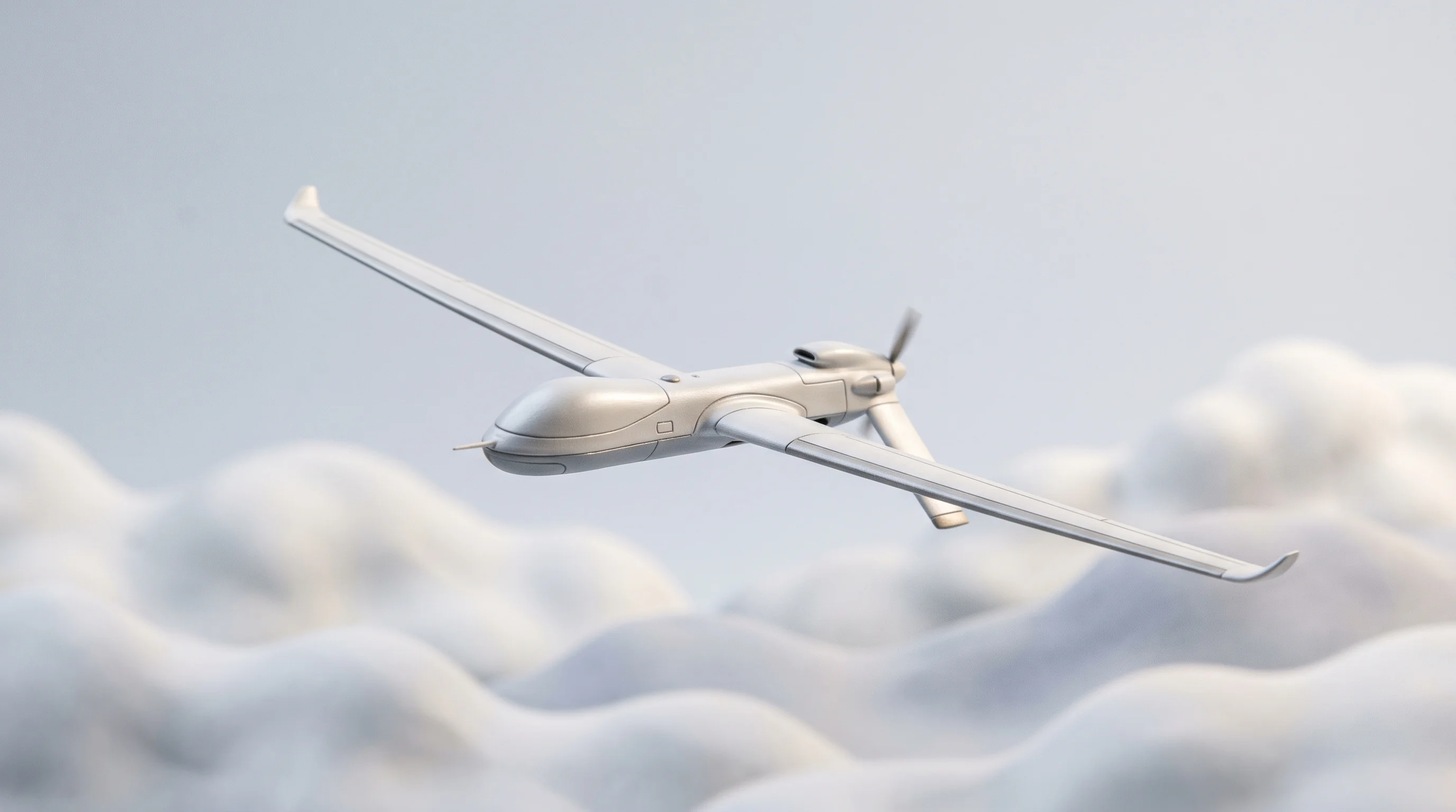 Digital illustration for article section "Fixed-Wing Endurance as Differentiator" in "Aviern builds autonomous drones for pipeline patrol" - A sleek, modern fixed-wing drone soaring gracefully through a minimal, uncluttered sky, visually rep...