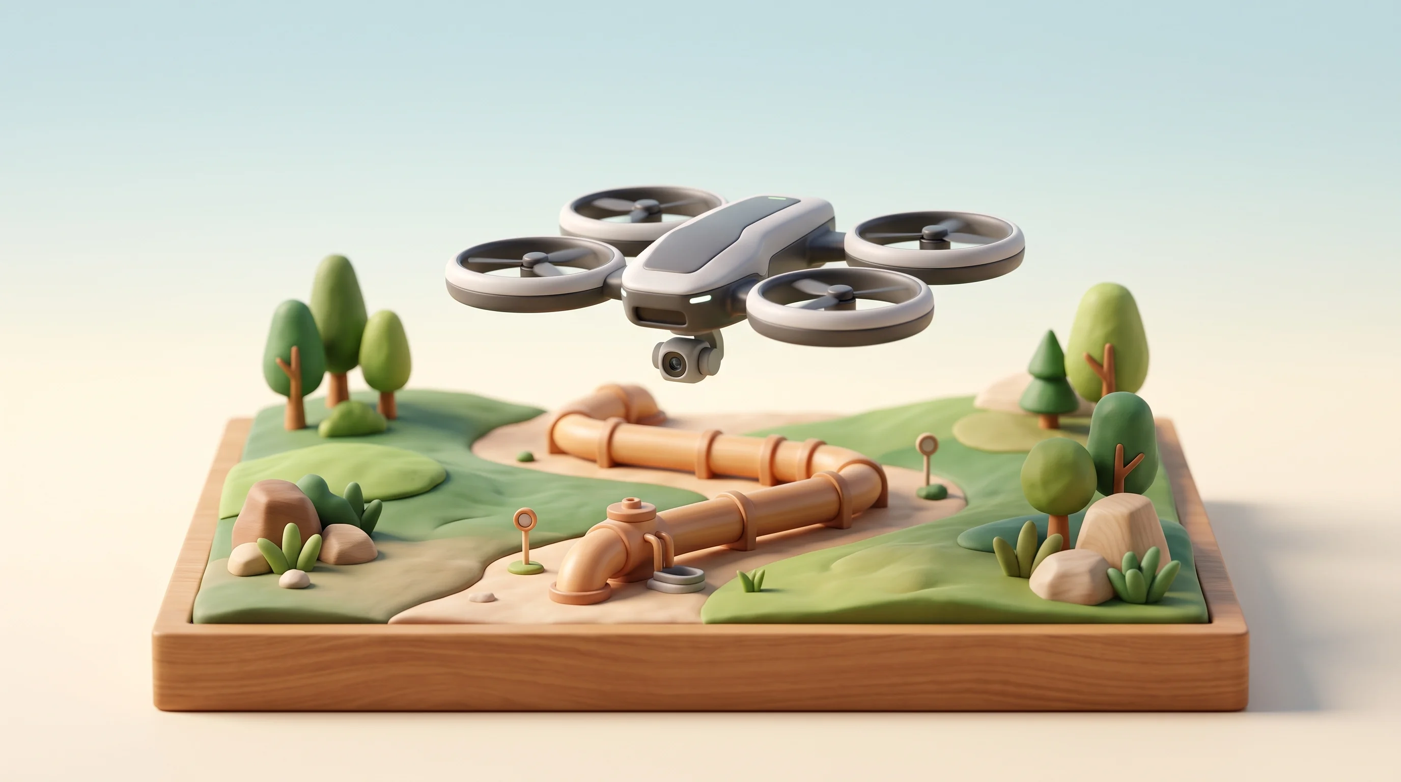 Digital illustration for article section "What Comes Next" in "Aviern builds autonomous drones for pipeline patrol" - A clean, minimal 3D miniature diorama of a sleek commercial drone hovering over a stylized winding p...