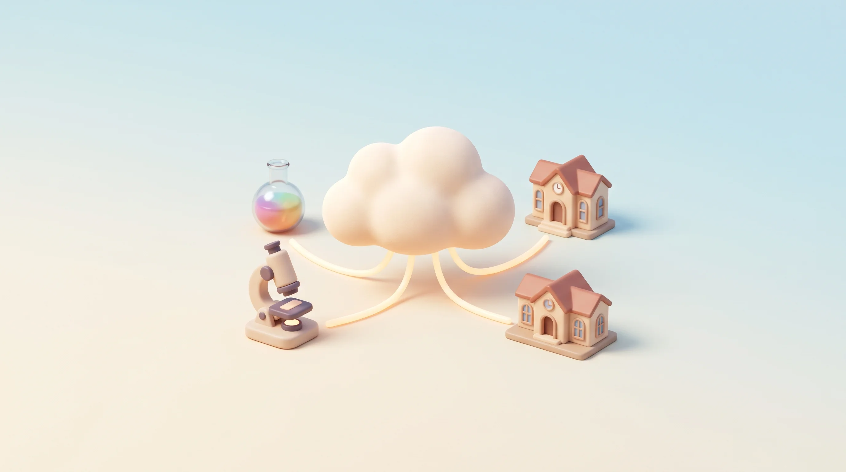 Digital illustration for article section "Content Section 5" in "Petrichor Bio launches AI wet lab platform for biology" - A clean, minimal 3D rendered illustration of a soft, fluffy central cloud acting as a unifying hub, ...