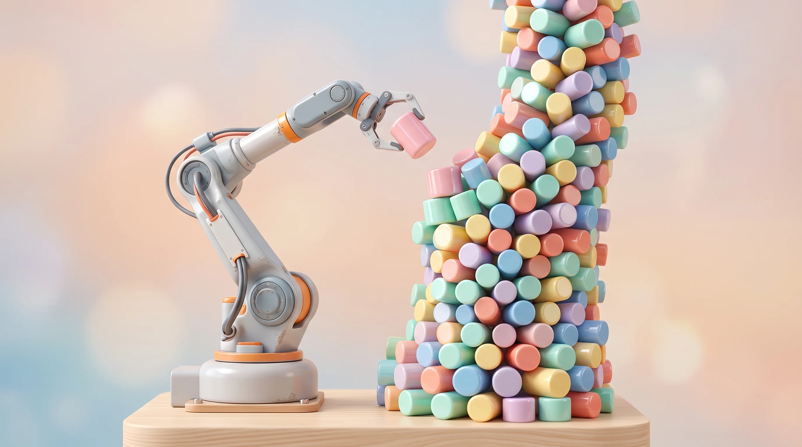 Digital illustration for article section "Content Section 3" in "Supabase raises $150M, acquires Turso for agent databases" - A 3D cartoon miniature model of a sleek, modern robotic arm gently placing a glossy, pastel-colored ...