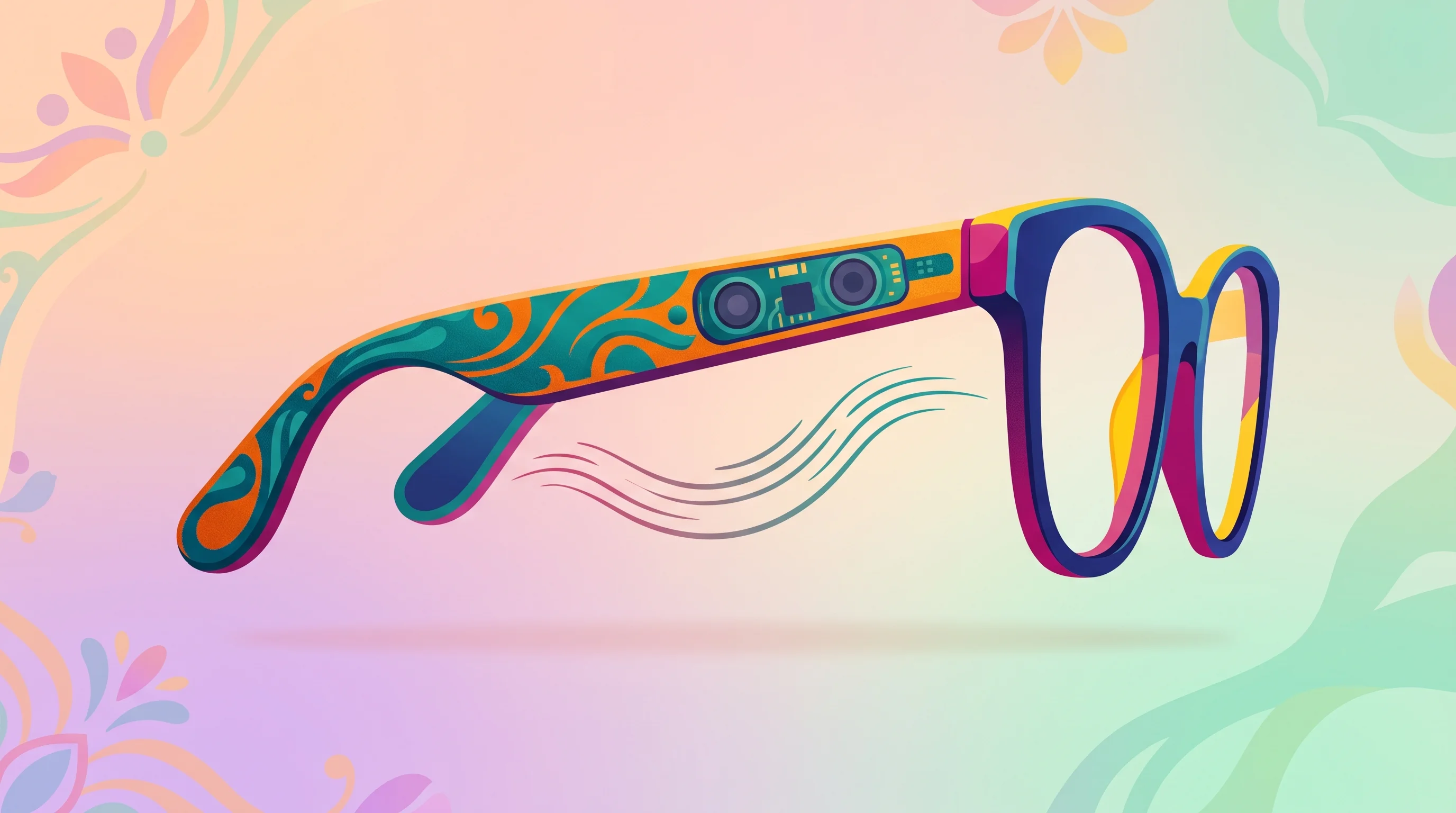 Digital illustration for article section "Content Section 2" in "Legato Audio raises $12M to reinvent hearing aids as eyewear" - A sleek, modern pair of eyewear frames floating in a clean, minimal composition, specifically highli...