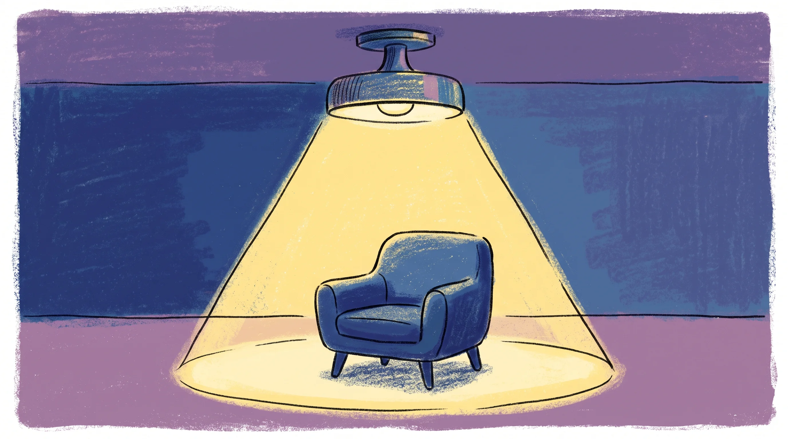 Digital illustration for article section "Content Section 2" in "Rhem Labs launches AI robot for aging-in-place monitoring" - A minimalist, conceptual illustration of a sleek smart lamp mounted on a ceiling casting a wide, pro...