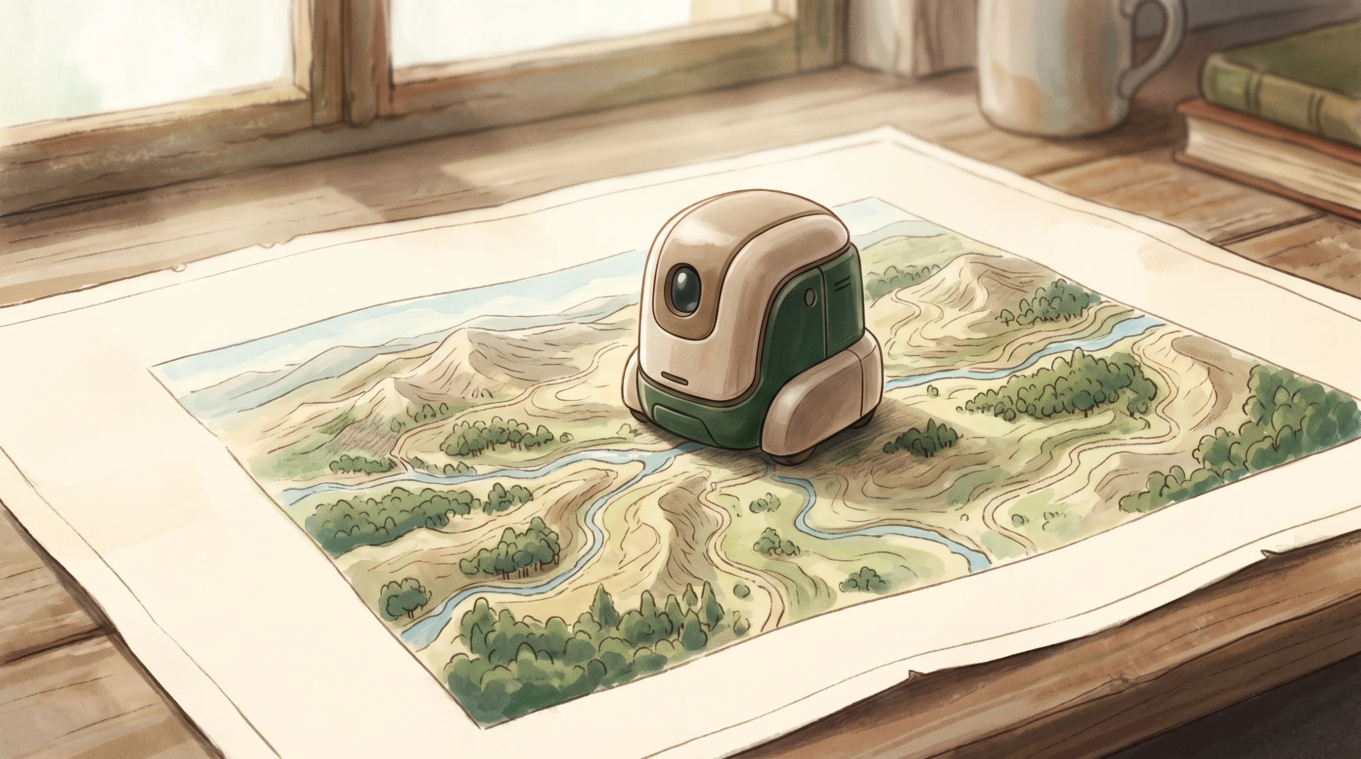 Digital illustration for article section "Content Section 5" in "DoD Solution raises $2M for AI drone navigation in war zones" - A single, minimalist, modern autonomous robotic sentinel resting peacefully on a large, unfolded str...