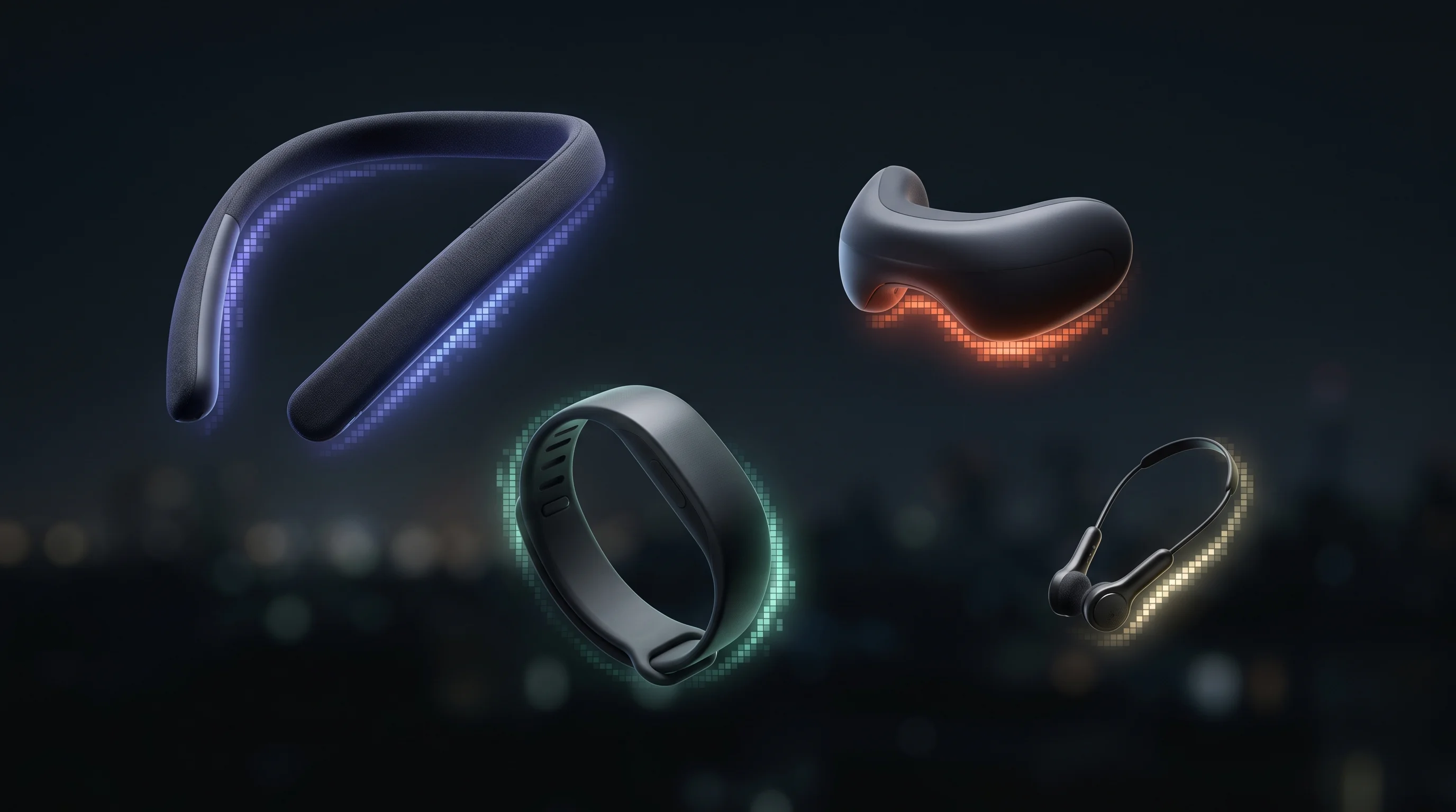 Digital illustration for article section "Fragmentation and Forecasts" in "Subvocal launches under-chin wearable for silent computer control" - A minimalist, conceptual still-life arrangement featuring four distinct modern wearable technology d...