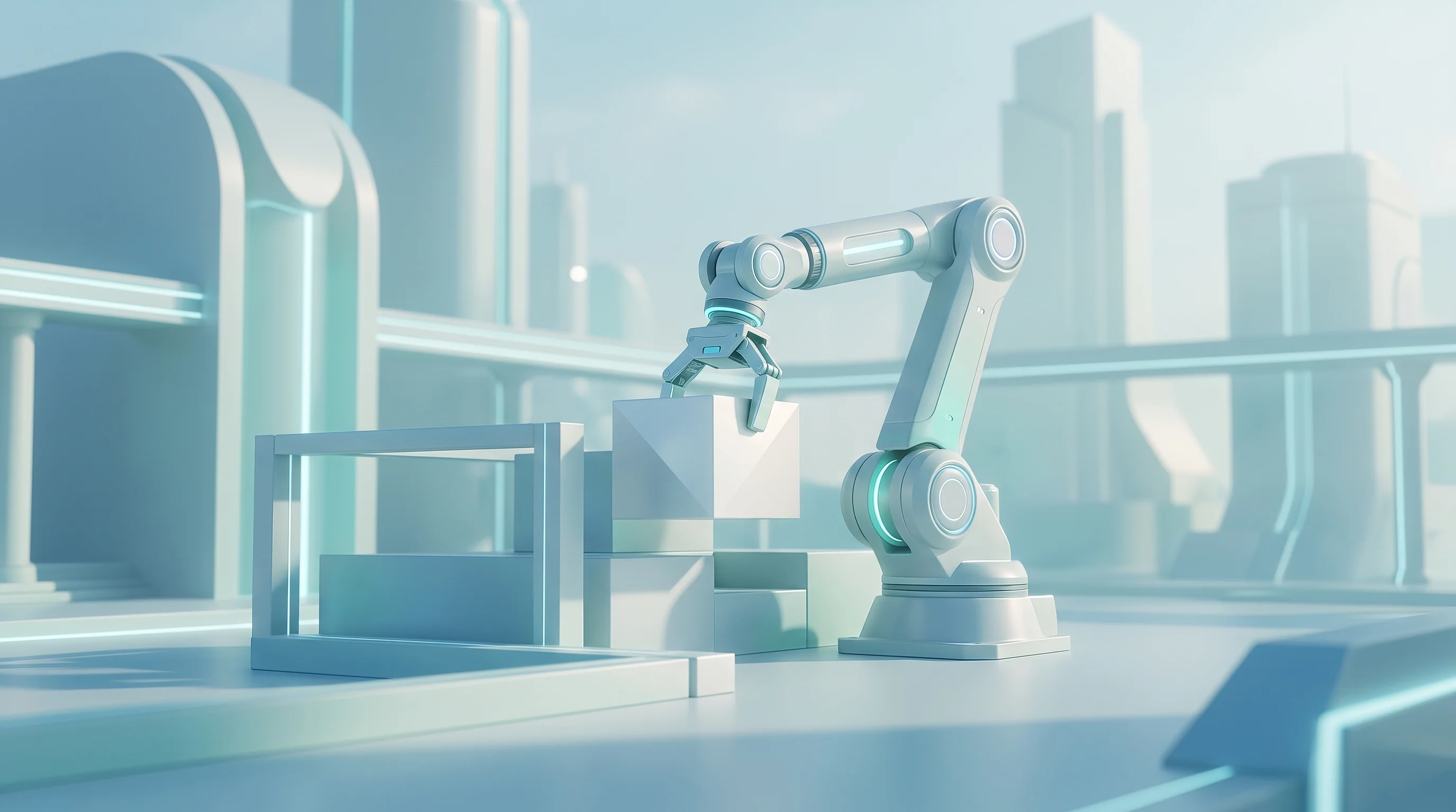 Digital illustration for article section "Content Section 2" in "All3 raises $25M to automate construction with AI and robots" - A sleek, modern construction robot precisely placing a pristine geometric building block into an eme...
