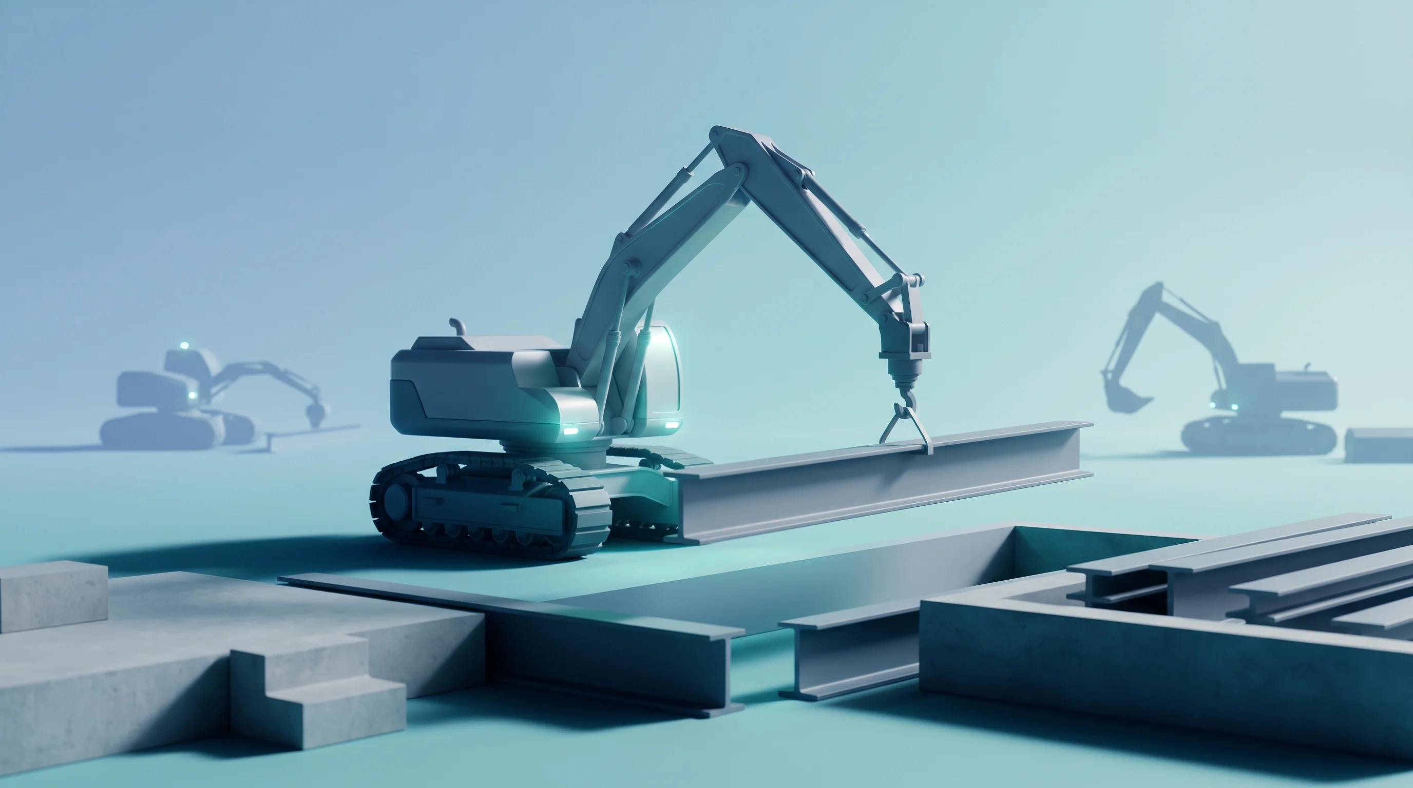 Digital illustration for article section "Content Section 3" in "All3 raises $25M to automate construction with AI and robots" - A sleek, modern autonomous robotic construction vehicle gently placing a clean, geometric steel beam...