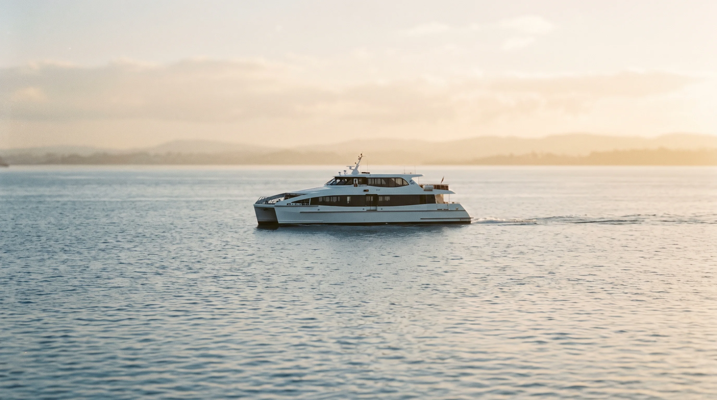Digital illustration for article section "Content Section 2" in "Vessev raises $19M to bring electric hydrofoil ferries to US" - A clean, minimal composition featuring a sleek, modern passenger ferry gliding smoothly across calm,...