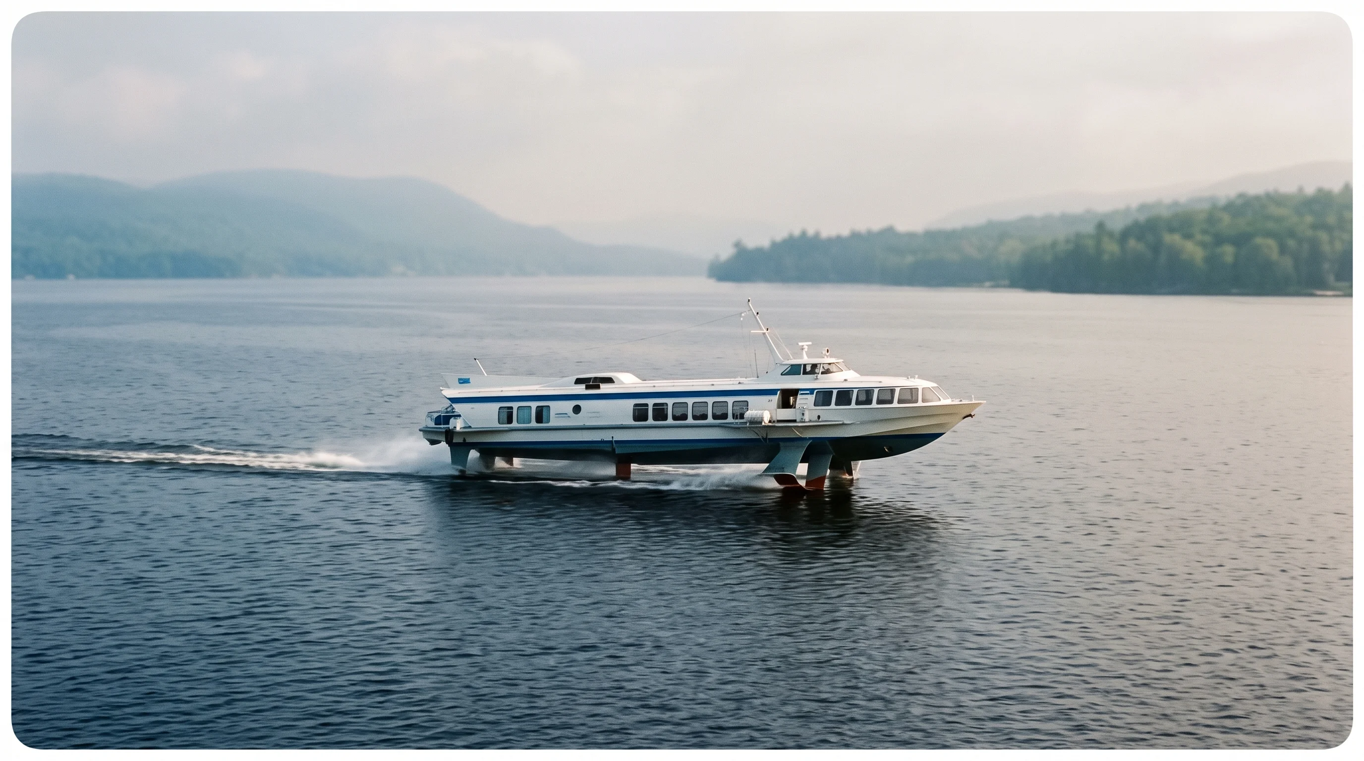 Digital illustration for article section "Content Section 3" in "Vessev raises $19M to bring electric hydrofoil ferries to US" - A sleek, modern hydrofoil passenger vessel gliding effortlessly above the surface of a calm, expansi...