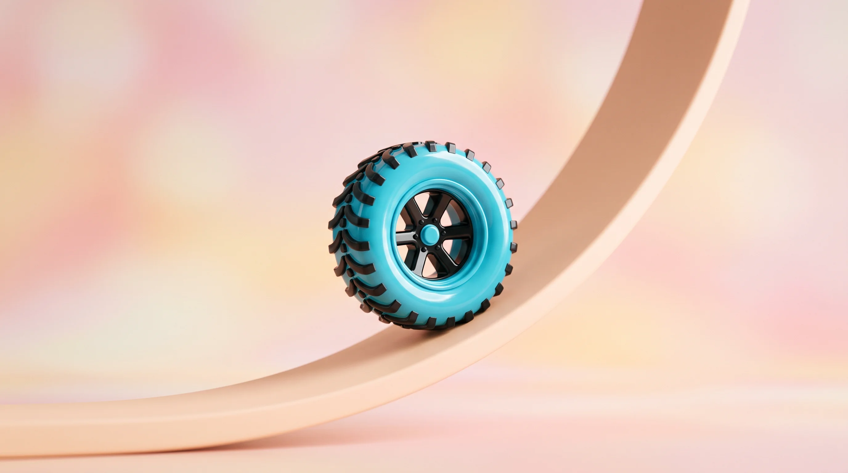 Digital illustration for article section "Content Section 4" in "Pandektes raises €13.5M to expand AI legal research platform" - A miniature model of a sleek, conceptual wheel with pronounced treads symbolizing market traction, s...