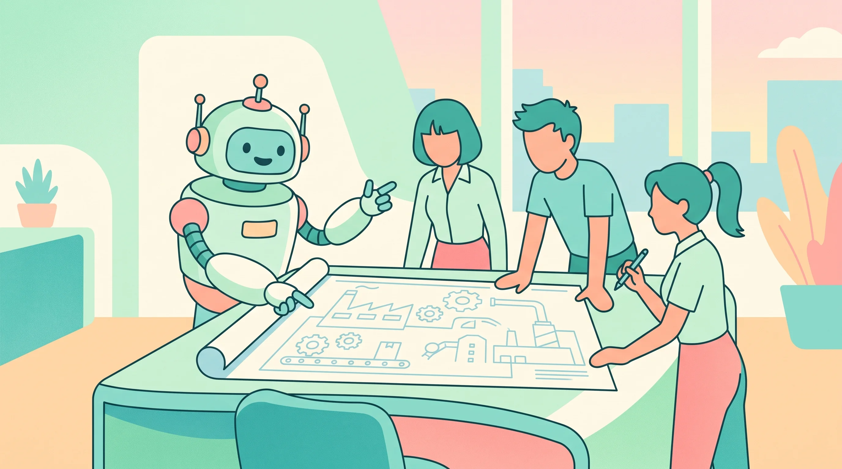 Digital illustration for article section "Content Section 2" in "Maven Robotics raises $100M for industrial robots" - A clean and minimal flat vector illustration of a friendly, stylized robot collaborating with a smal...